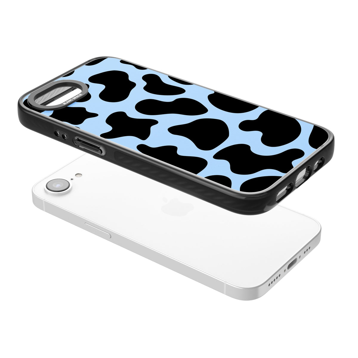 Blue And Black Cow Print iPhone 16e / iPhone 17e Impact Black Phone Case angled