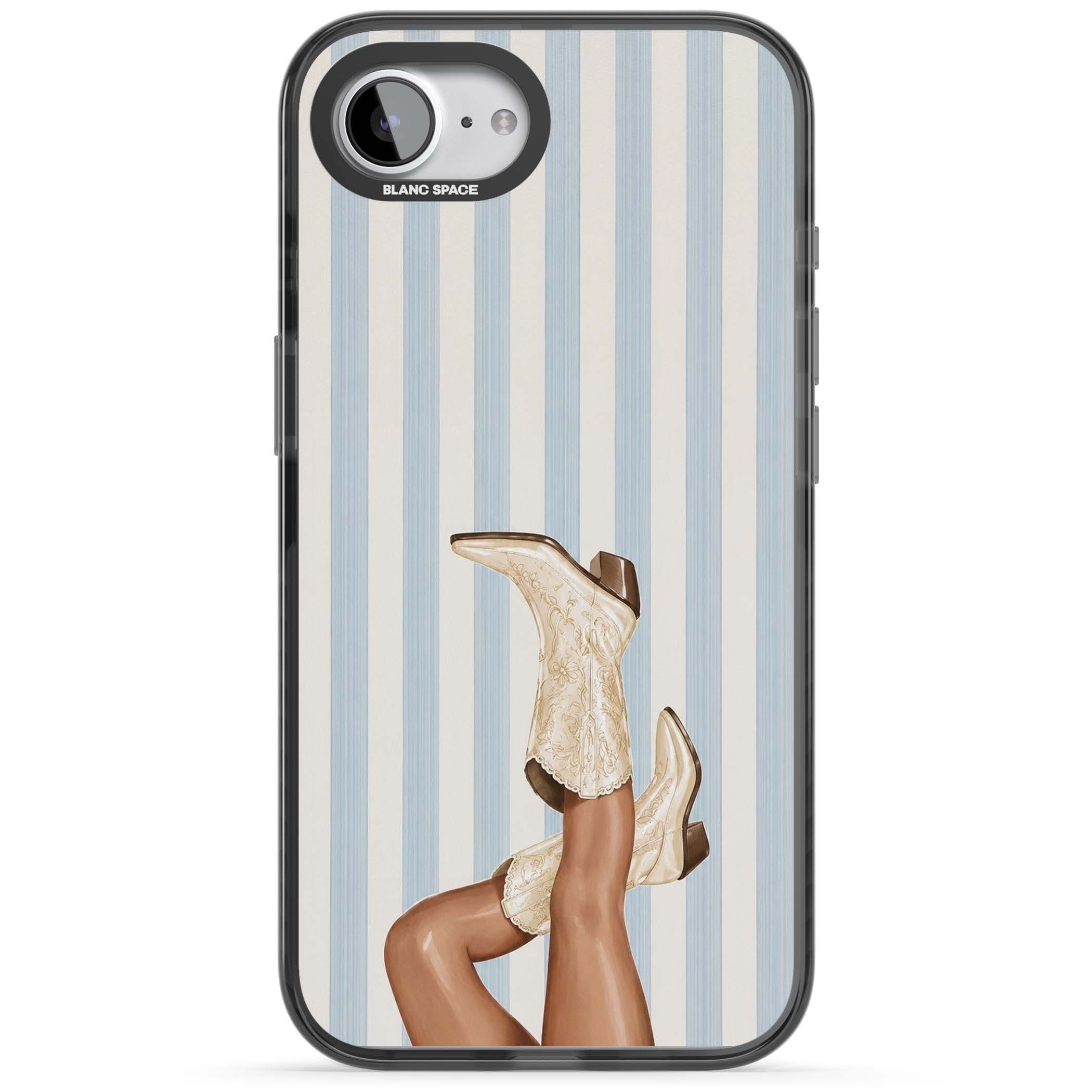 Cowgirl Boots coastal cowgirl iPhone case featuring embroidered western boots, tanned legs and a blue stripe backdrop | Black Impact case for iPhone 16e, iPhone 17e