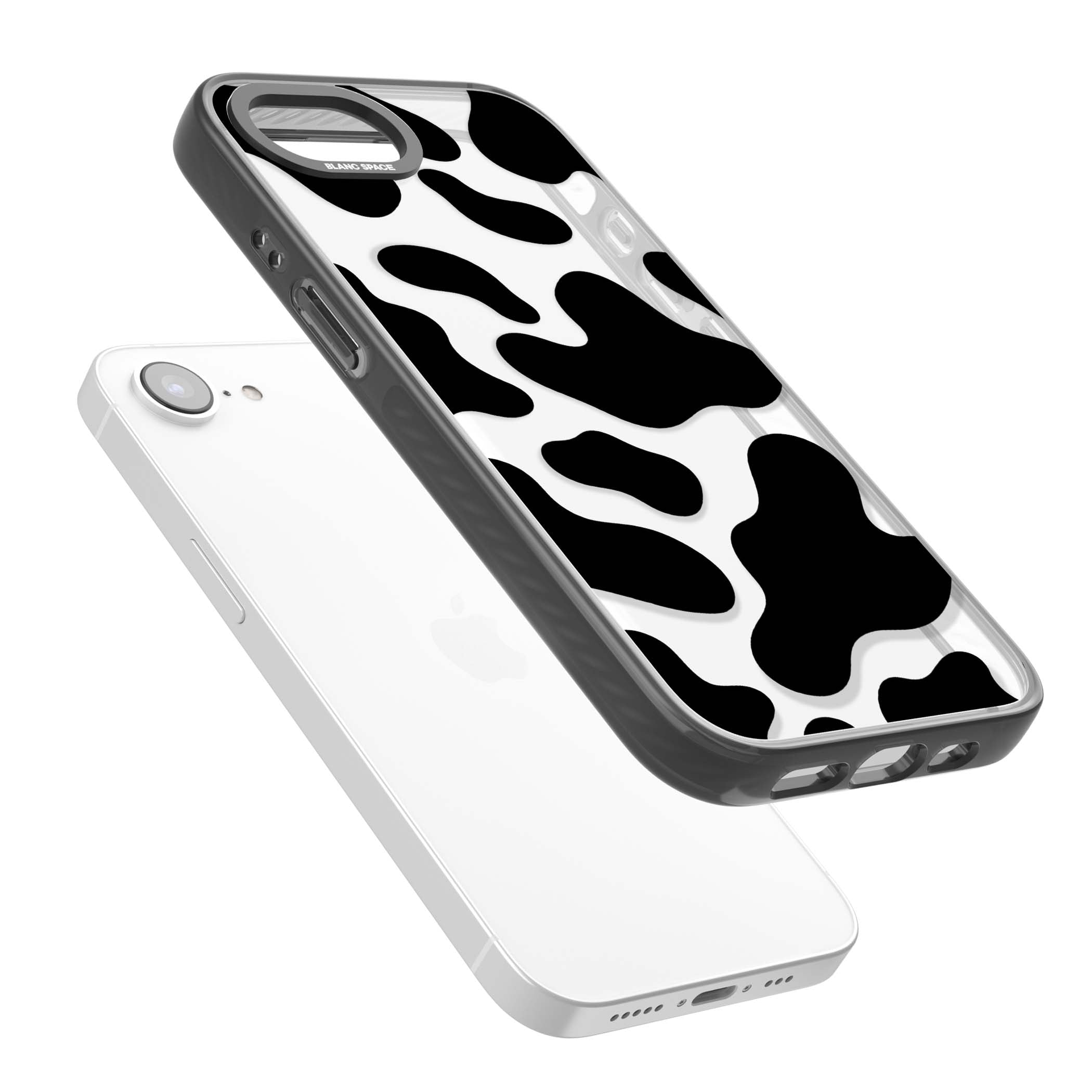 Clear Cow Print cow print iPhone case featuring black and white cow pattern splotches on a clear background | Black Impact case for iPhone 16e, iPhone 17e