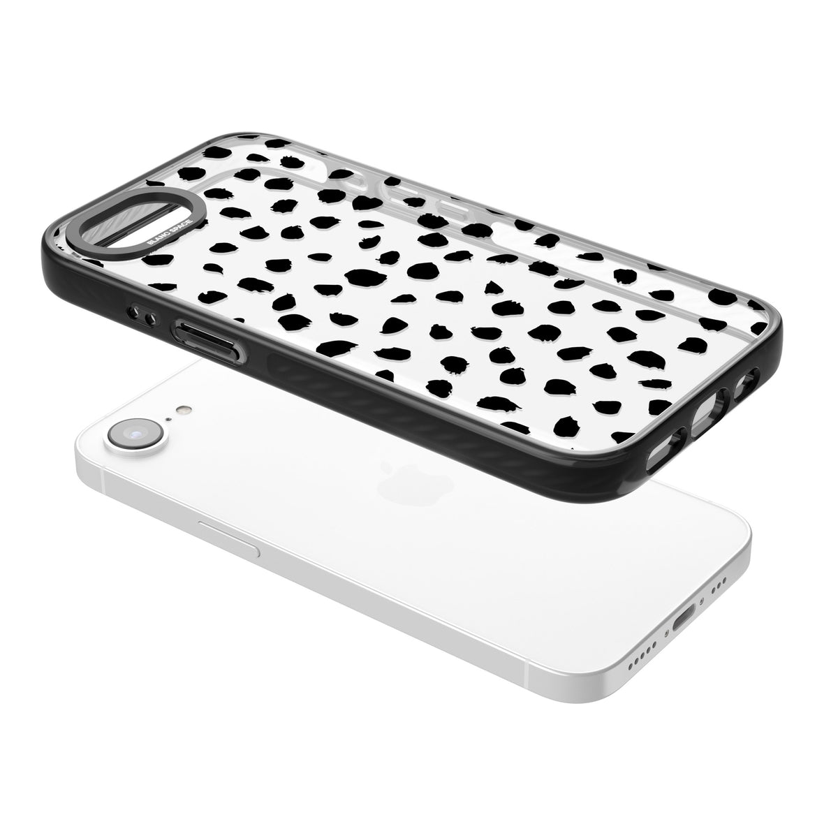 Black Dalmatian Polka Dot iPhone 16e / iPhone 17e Impact Black Phone Case angled