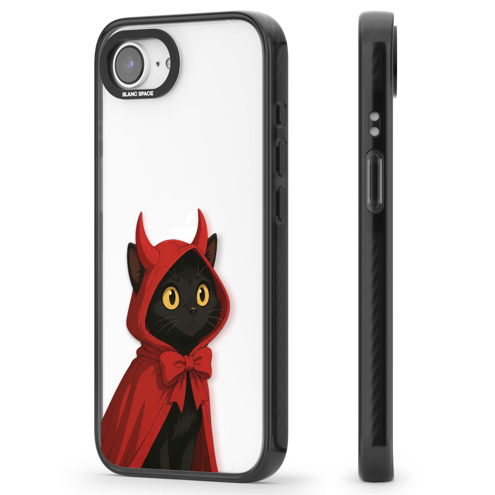 Little Devil halloween iPhone case featuring a black cat in a red hooded devil cloak with horns and golden eyes | Black Impact case for iPhone 16e, iPhone 17e