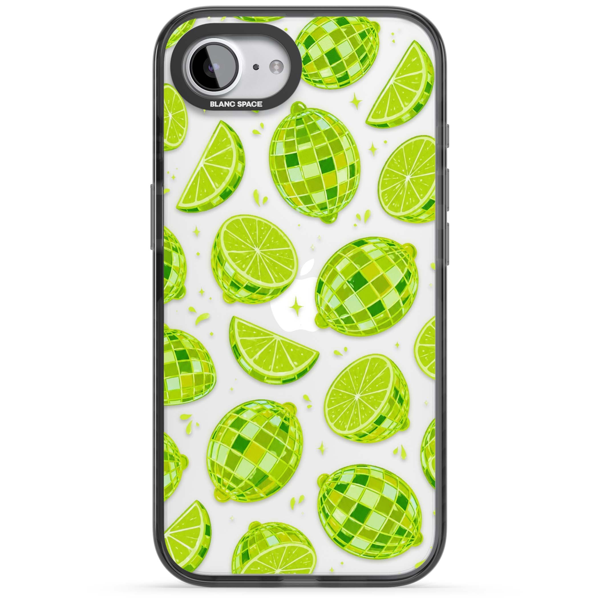 Disco Limes fruit aesthetic iPhone case featuring green disco balls, lime slices and citrus sparkles | Black Impact case for iPhone 16e, iPhone 17e