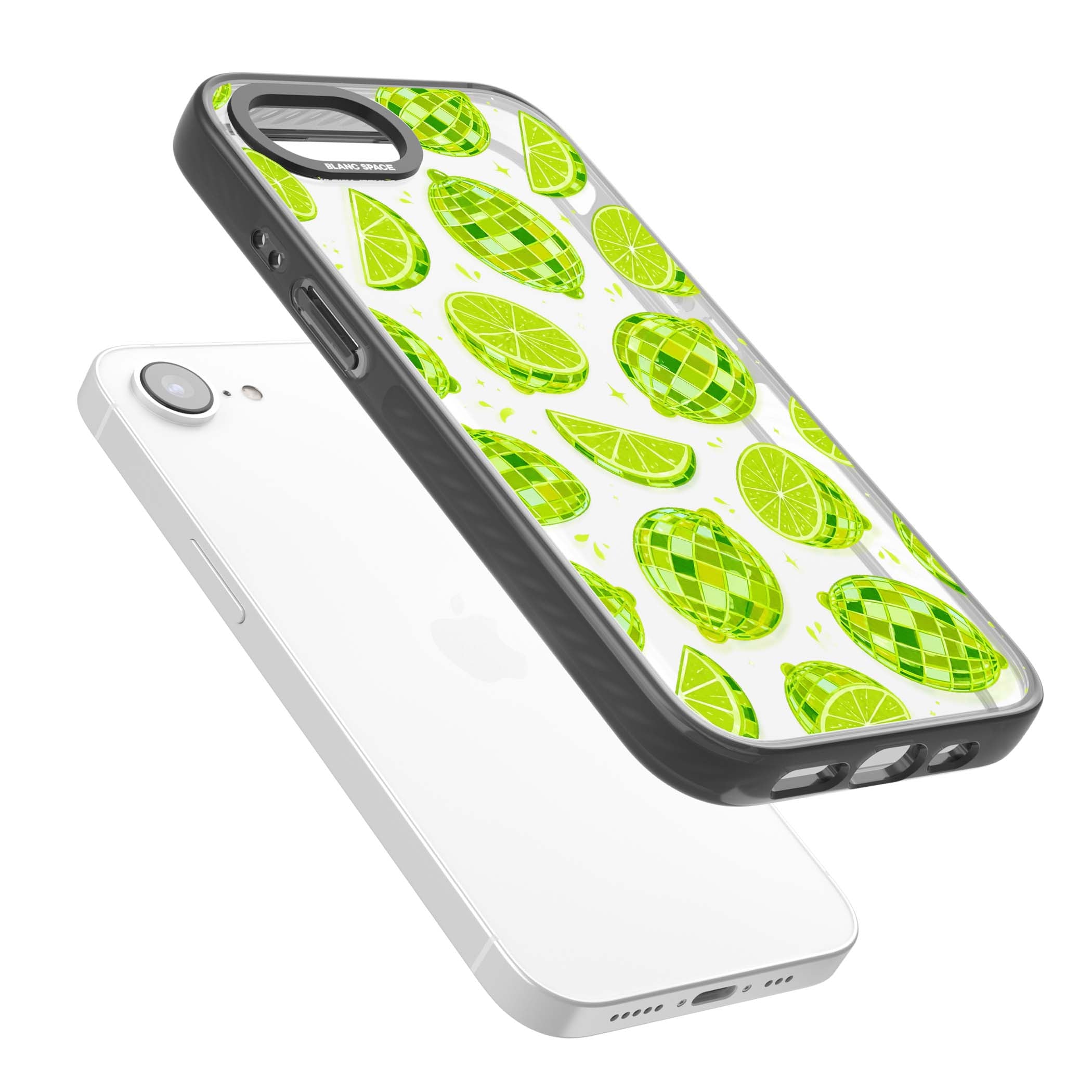 Disco Limes fruit aesthetic iPhone case featuring green disco balls, lime slices and citrus sparkles | Black Impact case for iPhone 16e, iPhone 17e