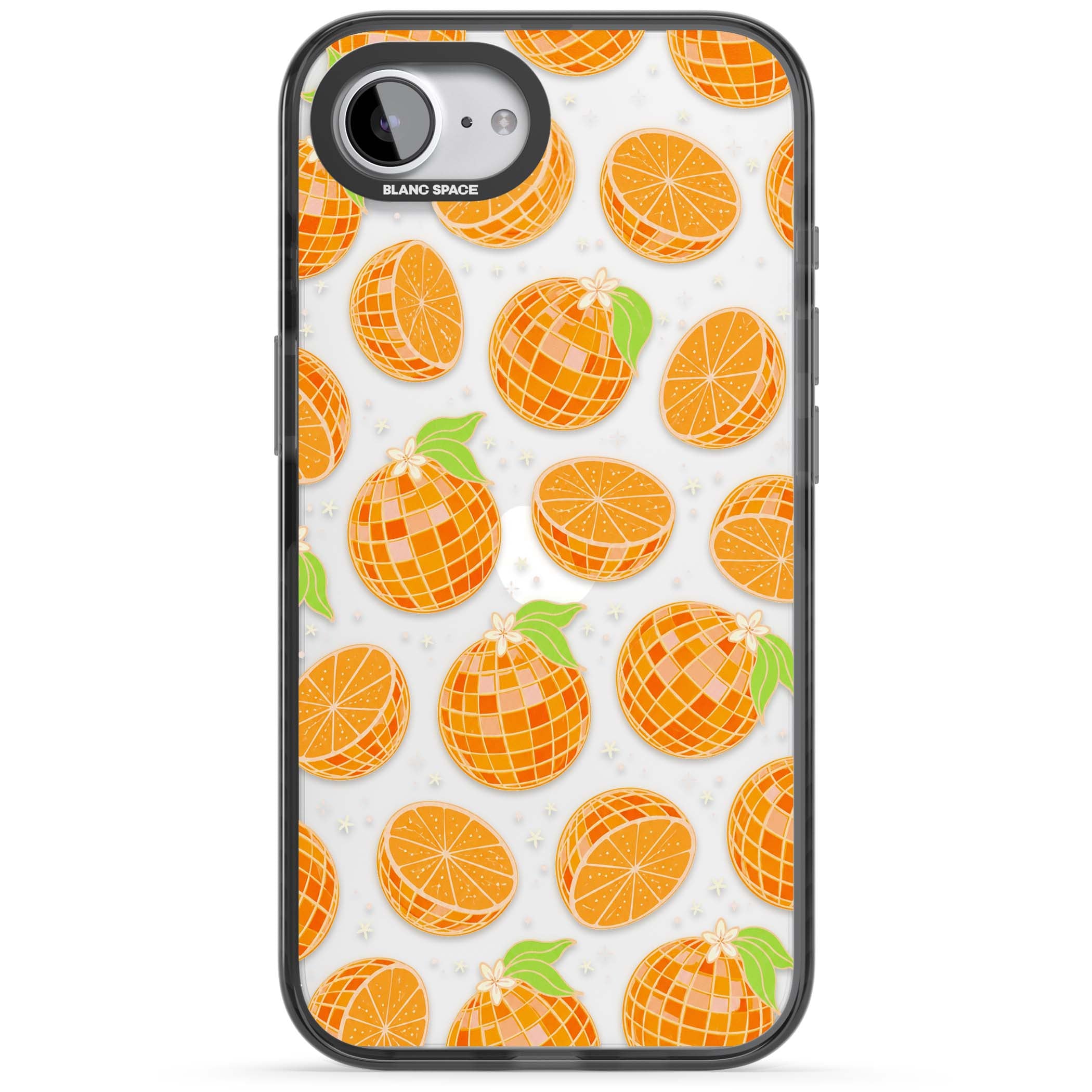 Disco Oranges retro iPhone case featuring mirrorball oranges, citrus slices and tiny blossoms on clear | Black Impact case for iPhone 16e, iPhone 17e