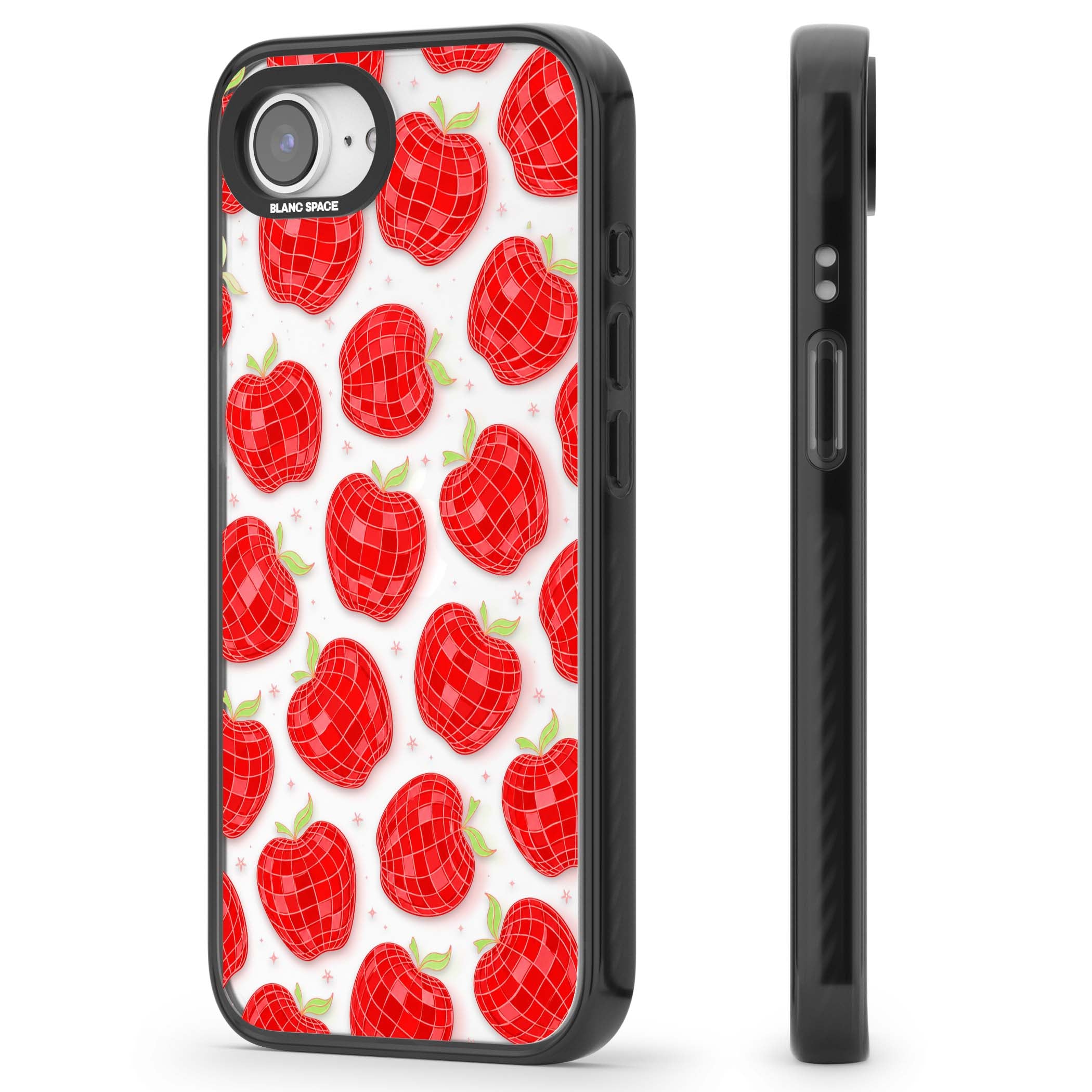 Disco Apples Y2K iPhone case featuring red disco ball apples, green leaves and pink sparkles on clear | Black Impact case for iPhone 16e, iPhone 17e