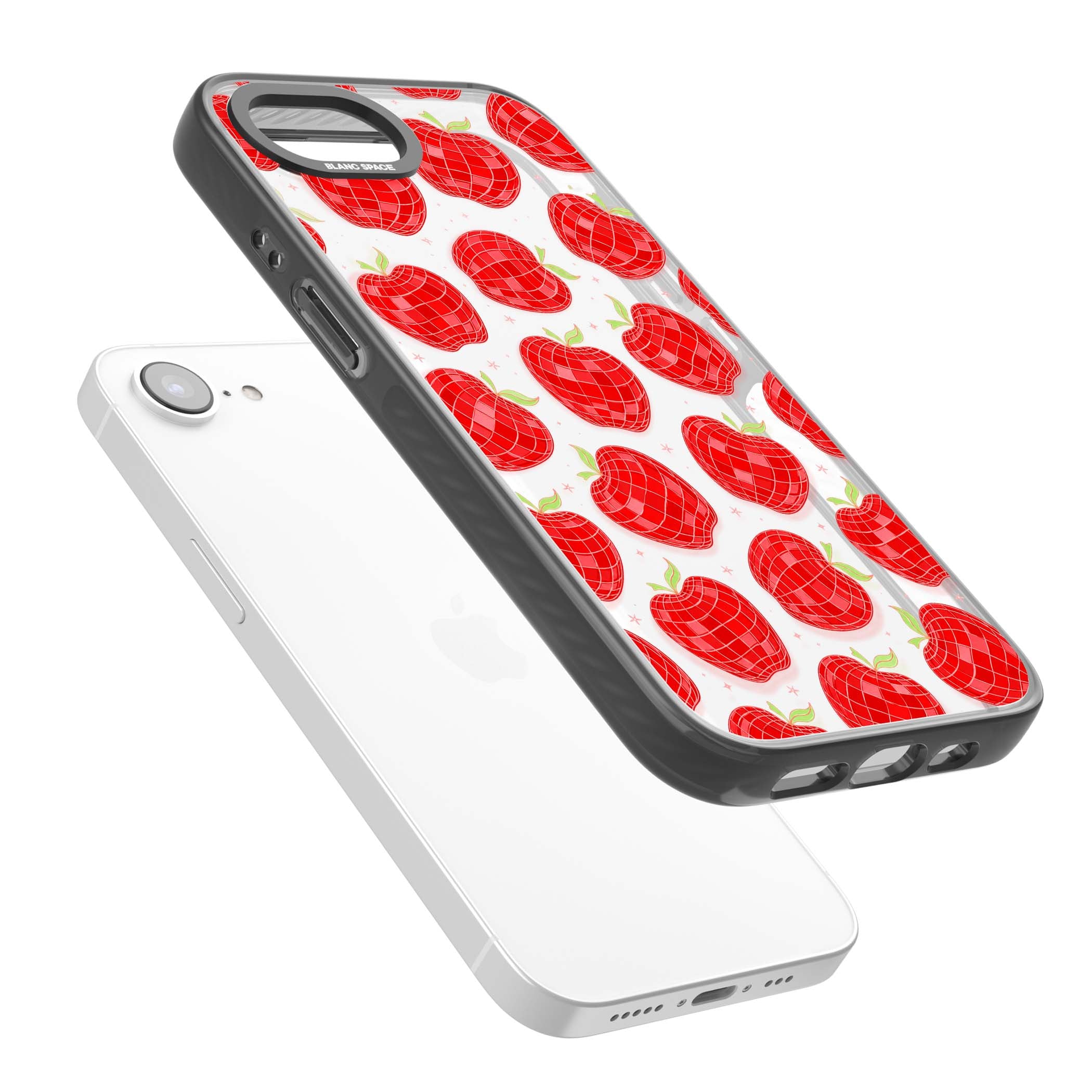 Disco Apples Y2K iPhone case featuring red disco ball apples, green leaves and pink sparkles on clear | Black Impact case for iPhone 16e, iPhone 17e