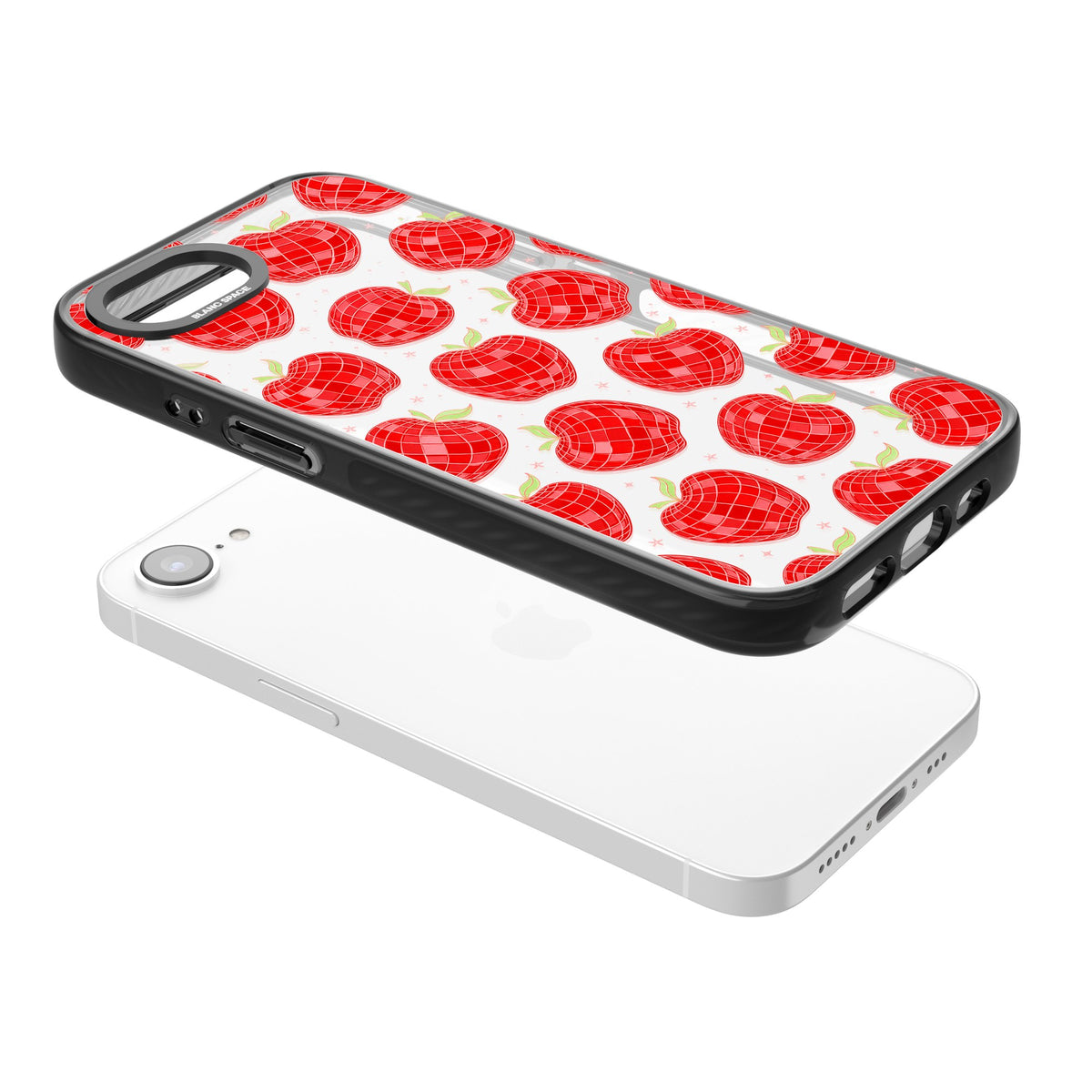 Disco Apples iPhone 16e / iPhone 17e Impact Black Phone Case angled