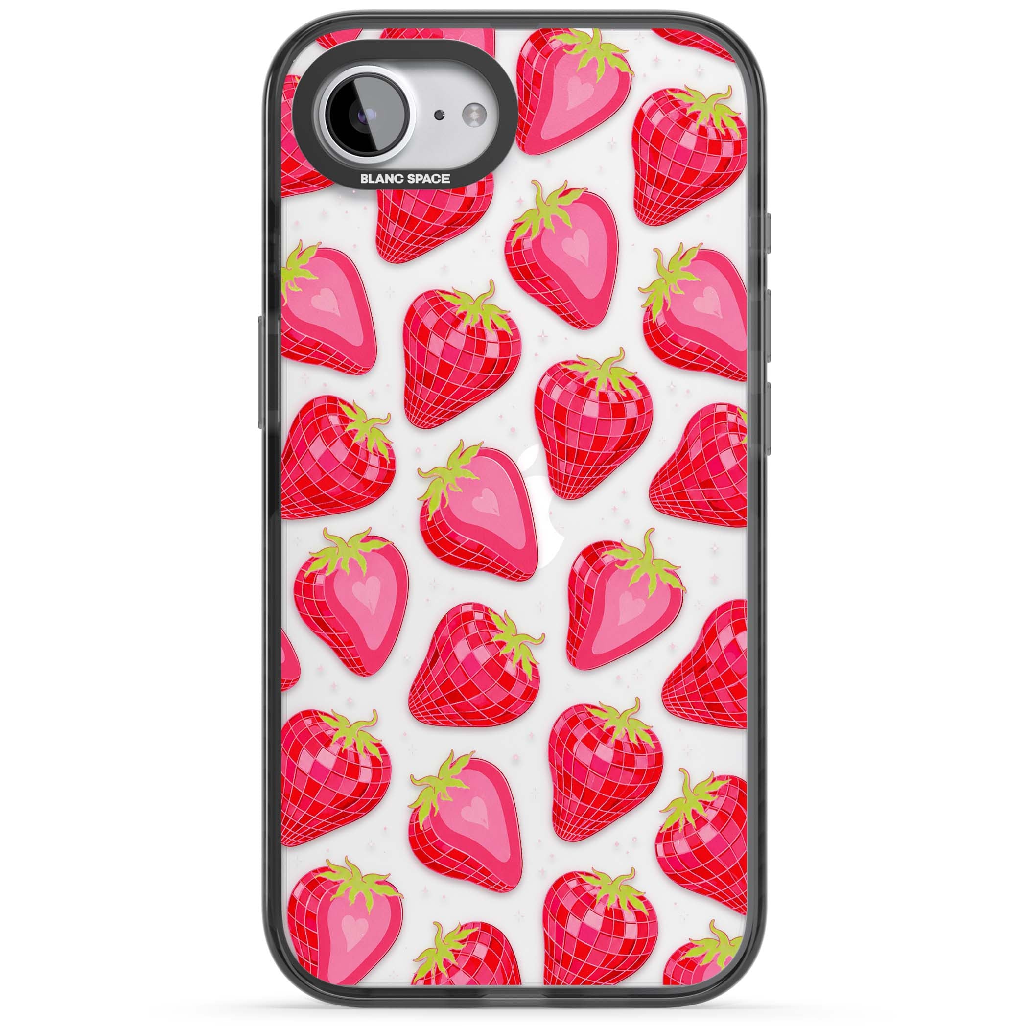 Disco Strawberry Y2K iPhone case featuring pink disco-ball strawberries, green leaves and tiny sparkles | Black Impact case for iPhone 16e, iPhone 17e
