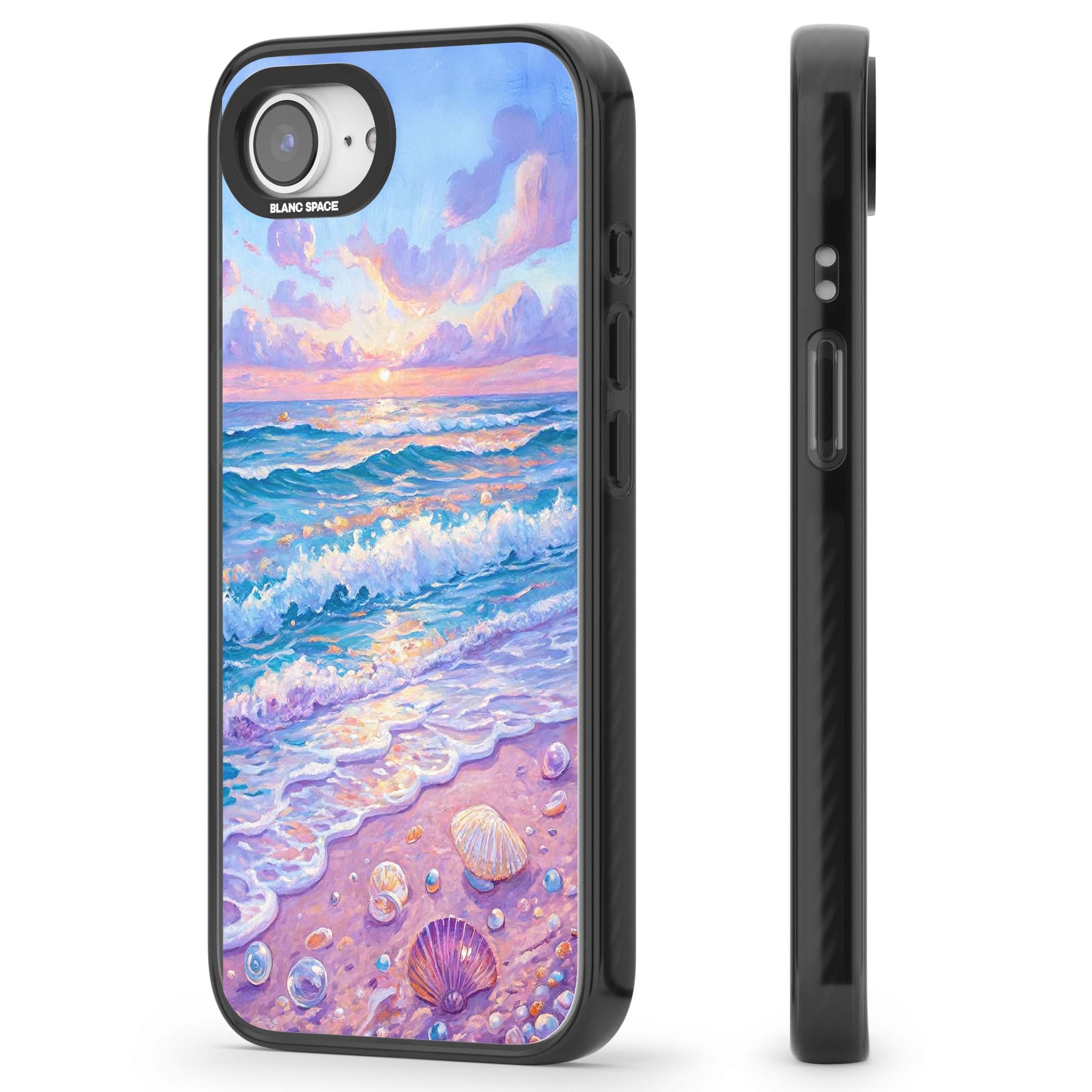 Pearl Shore coastal iPhone case featuring pastel painted waves, seashells, and a sunrise sky over a lavender beach. | Black Impact case for iPhone 16e, iPhone 17e