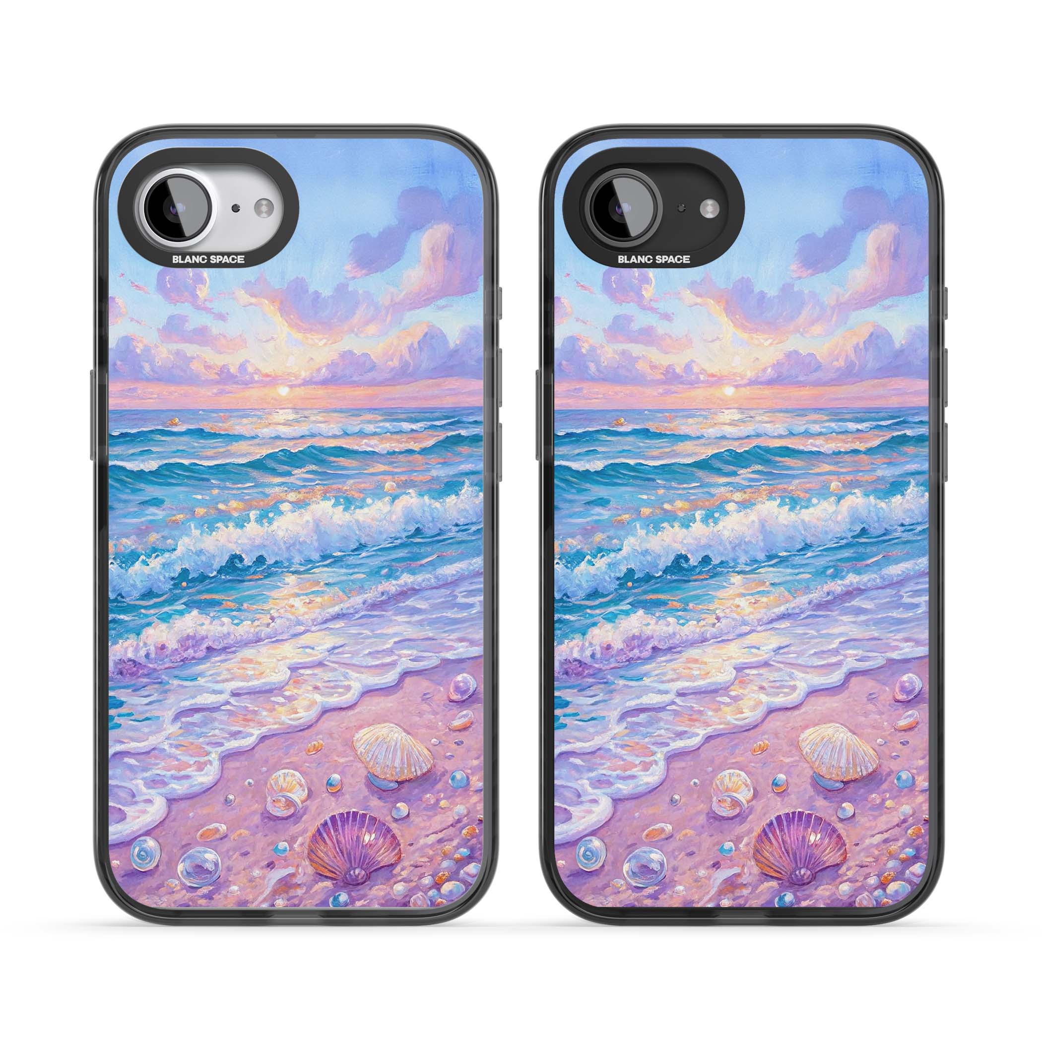 Pearl Shore coastal iPhone case featuring pastel painted waves, seashells, and a sunrise sky over a lavender beach. | Black Impact case for iPhone 16e, iPhone 17e