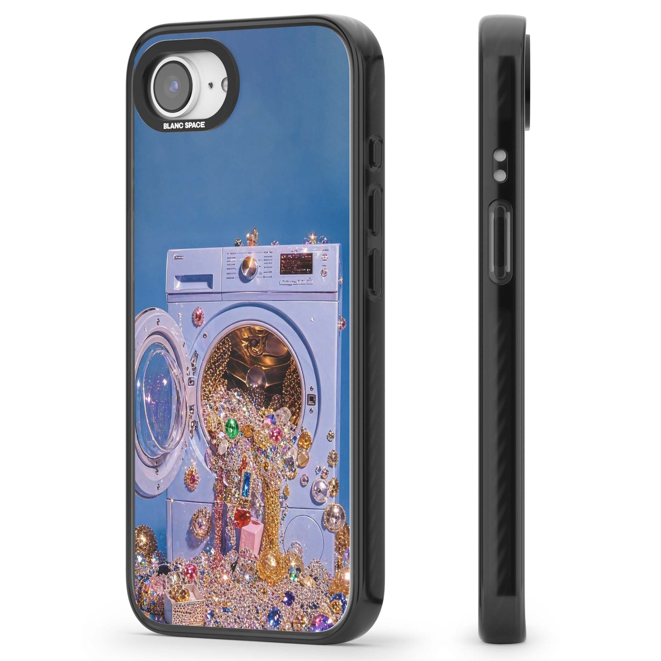 Gem Laundry baddie iPhone case featuring a surreal washing machine overflowing with colourful gemstones and crystals | Black Impact case for iPhone 16e, iPhone 17e