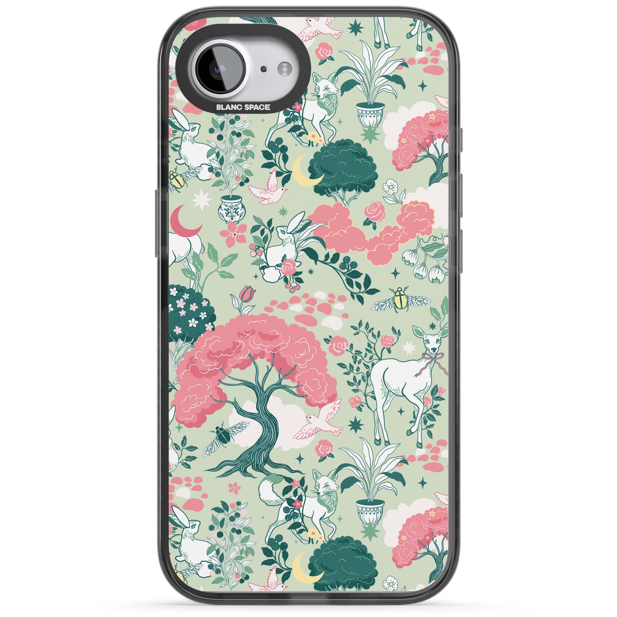 Enchanted Woodland cottagecore iPhone case featuring white deer, pink roses, mushrooms and woodland animals on sage green | Black Impact case for iPhone 16e, iPhone 17e