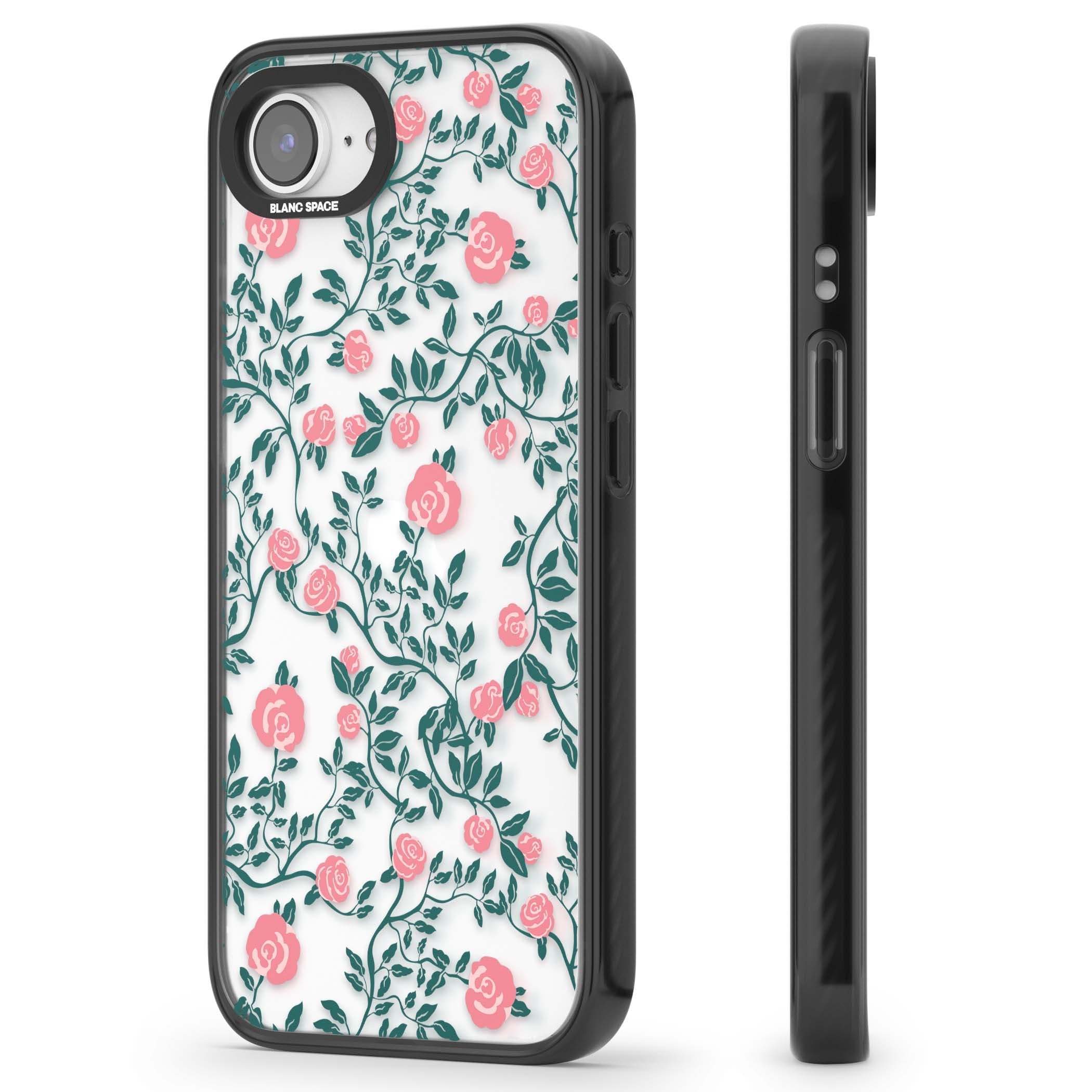 Rose Trellis (Clear) cottagecore iPhone case featuring pink climbing roses and green leaves on clear background | Black Impact case for iPhone 16e, iPhone 17e