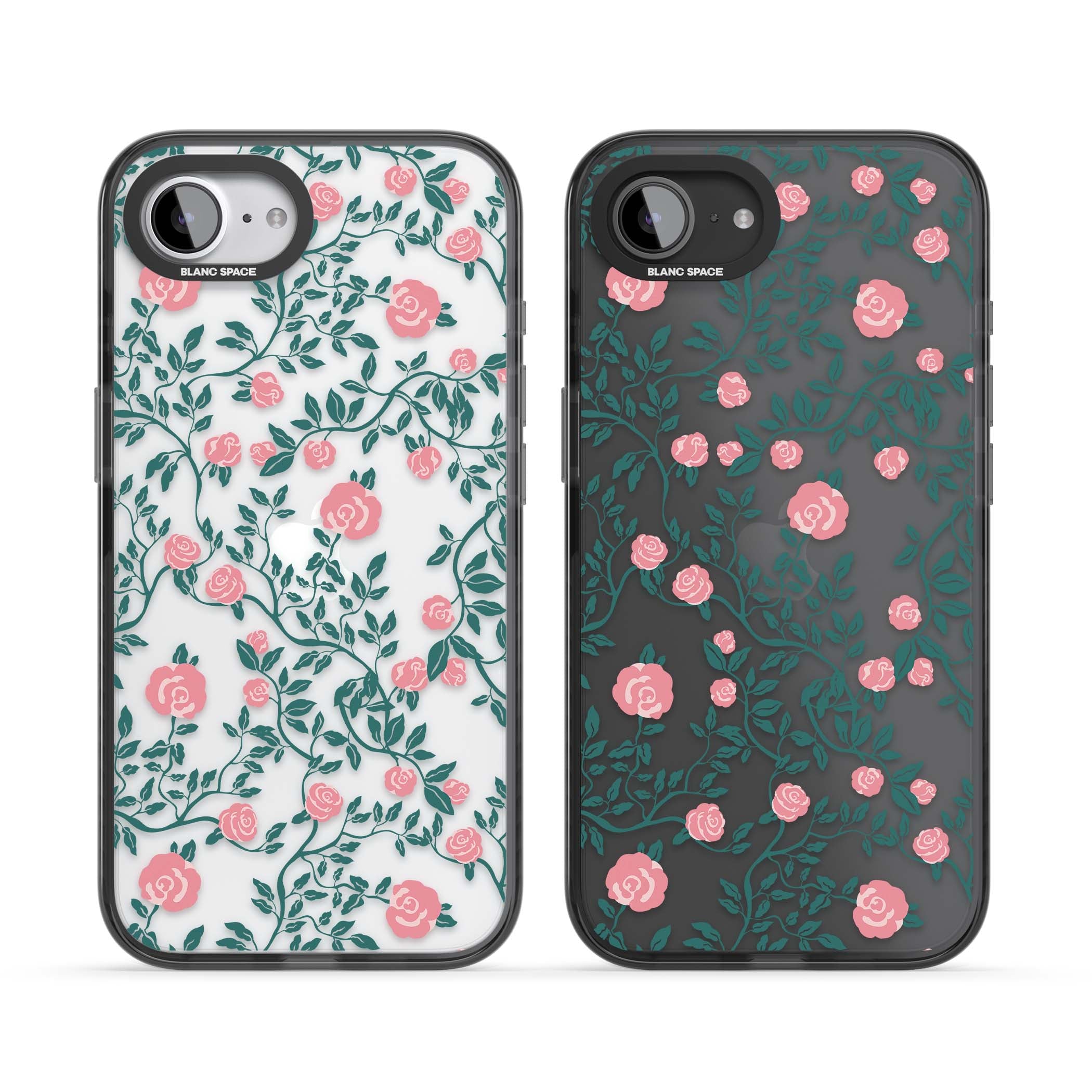 Rose Trellis (Clear) cottagecore iPhone case featuring pink climbing roses and green leaves on clear background | Black Impact case for iPhone 16e, iPhone 17e