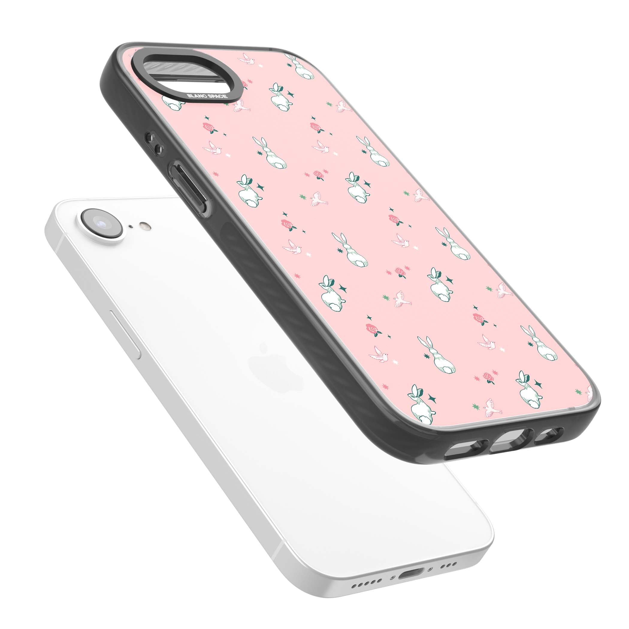 Bunny Garden kawaii iPhone case featuring white rabbits, pink roses, doves and stars on pink background | Black Impact case for iPhone 16e, iPhone 17e