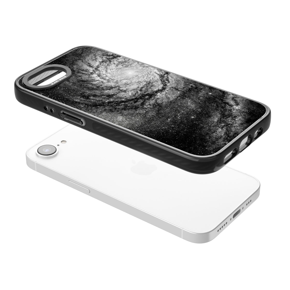 Cosmic Spiral iPhone 16e / iPhone 17e Impact Black Phone Case angled