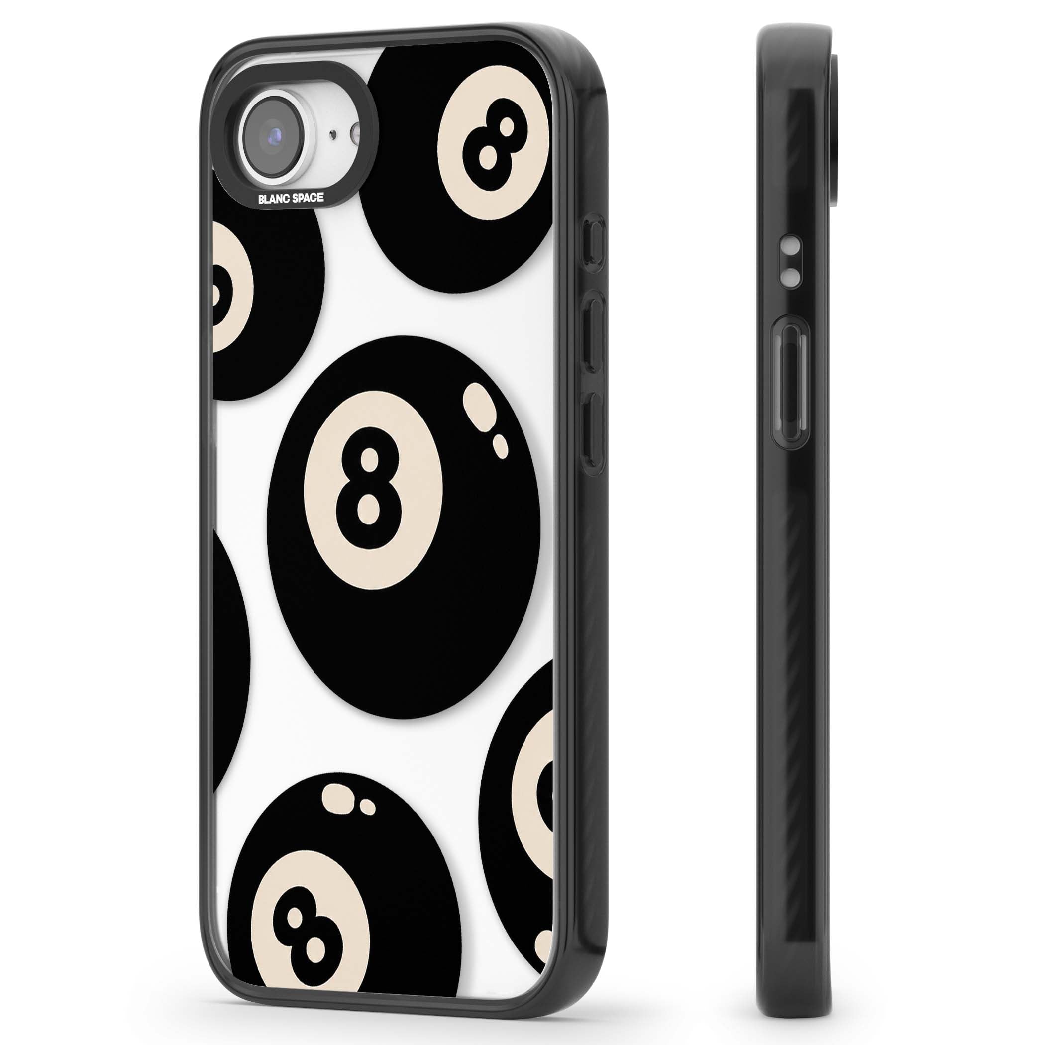 Eights y2k iPhone case featuring scattered black 8 balls with cream highlights on a clear background | Black Impact case for iPhone 16e, iPhone 17e