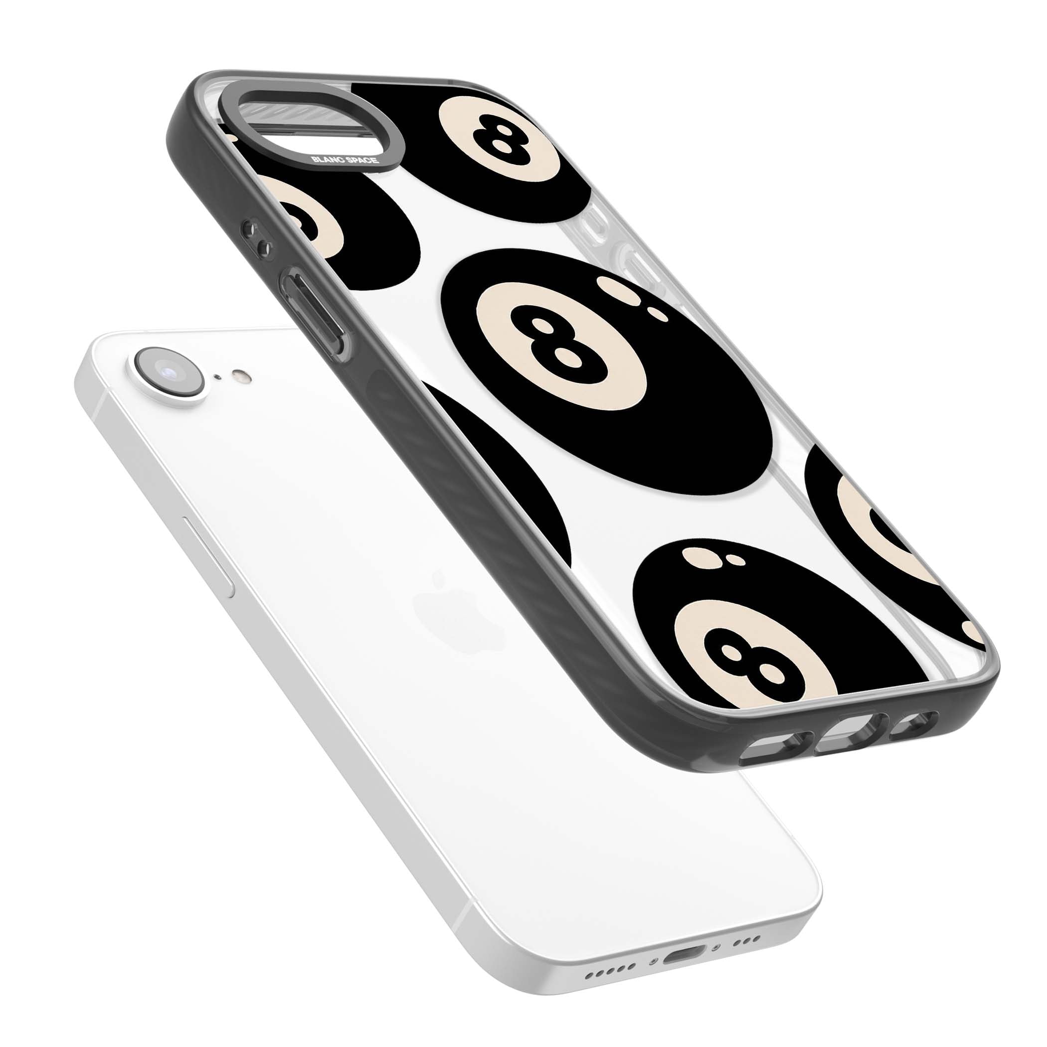 Eights y2k iPhone case featuring scattered black 8 balls with cream highlights on a clear background | Black Impact case for iPhone 16e, iPhone 17e