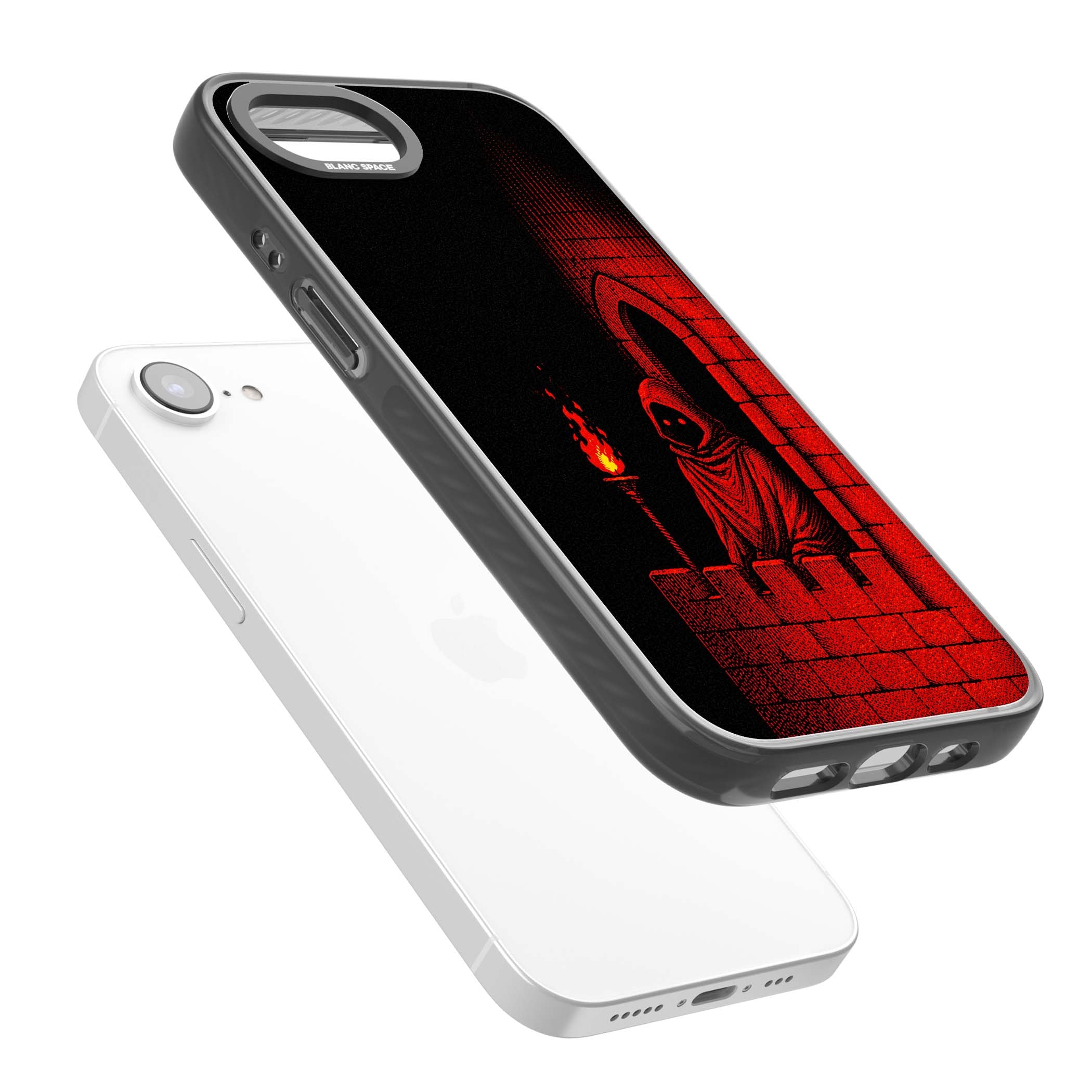 Crimson Crypt gothic iPhone case featuring a hooded reaper, torchlit crypt archway and red halftone horror art | Black Impact case for iPhone 16e, iPhone 17e