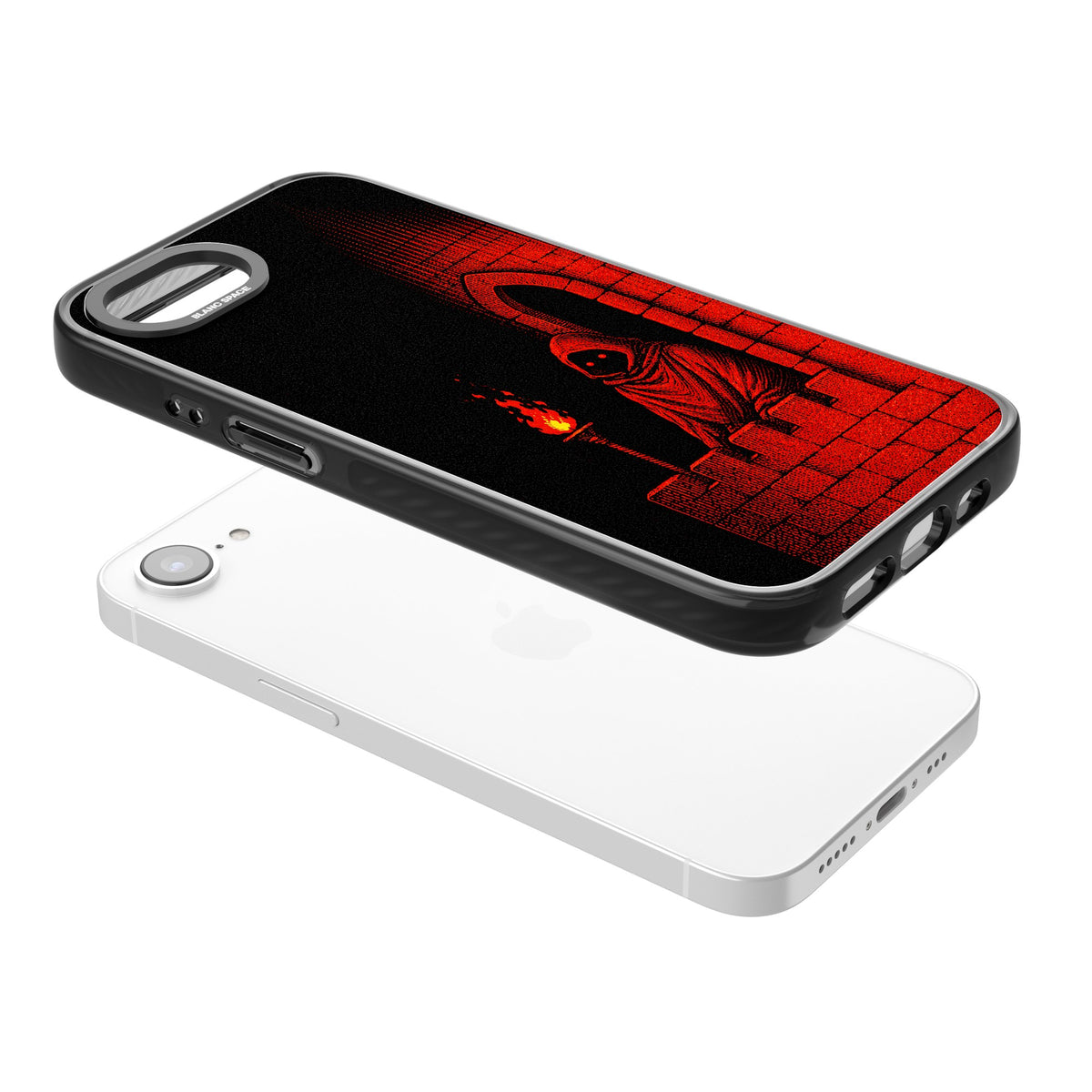 Crimson Crypt iPhone 16e / iPhone 17e Impact Black Phone Case angled