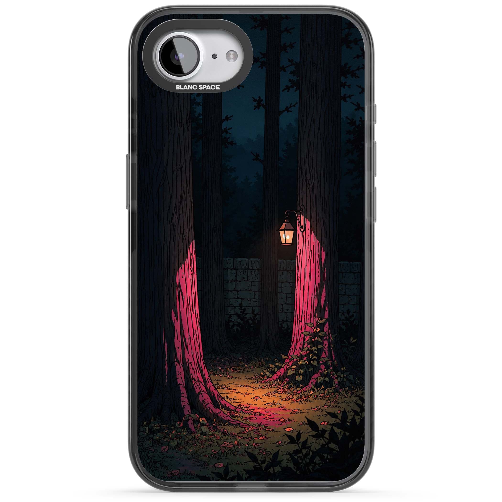 Forest Lantern dark academia iPhone case featuring a moonlit forest, glowing lantern, and stone wall pathway | Black Impact case for iPhone 16e, iPhone 17e