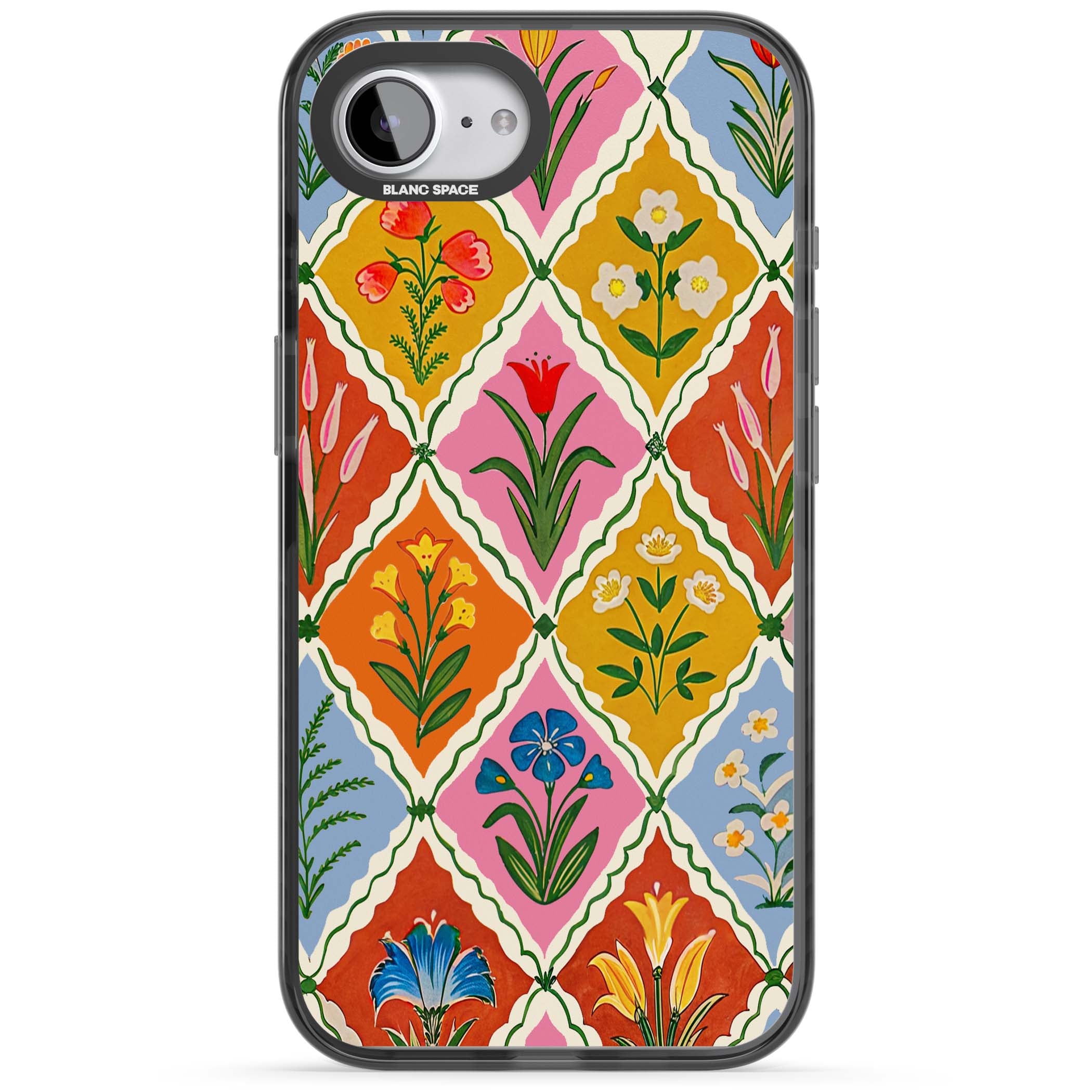 Floral Quilt boho floral iPhone case featuring diamond lattice pattern, hand-painted tulips and folk art wildflowers | Black Impact case for iPhone 16e, iPhone 17e