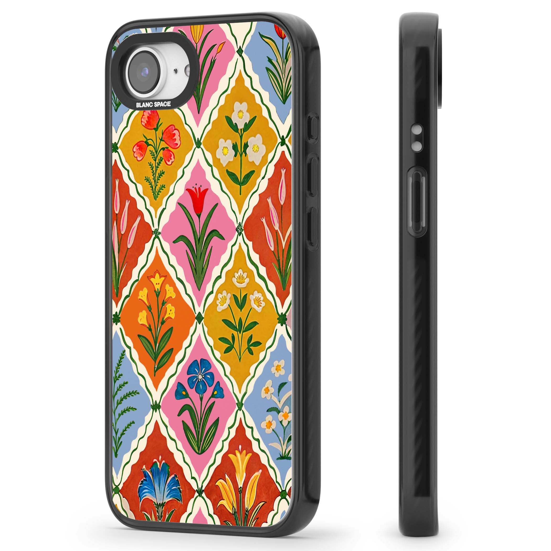Floral Quilt boho floral iPhone case featuring diamond lattice pattern, hand-painted tulips and folk art wildflowers | Black Impact case for iPhone 16e, iPhone 17e