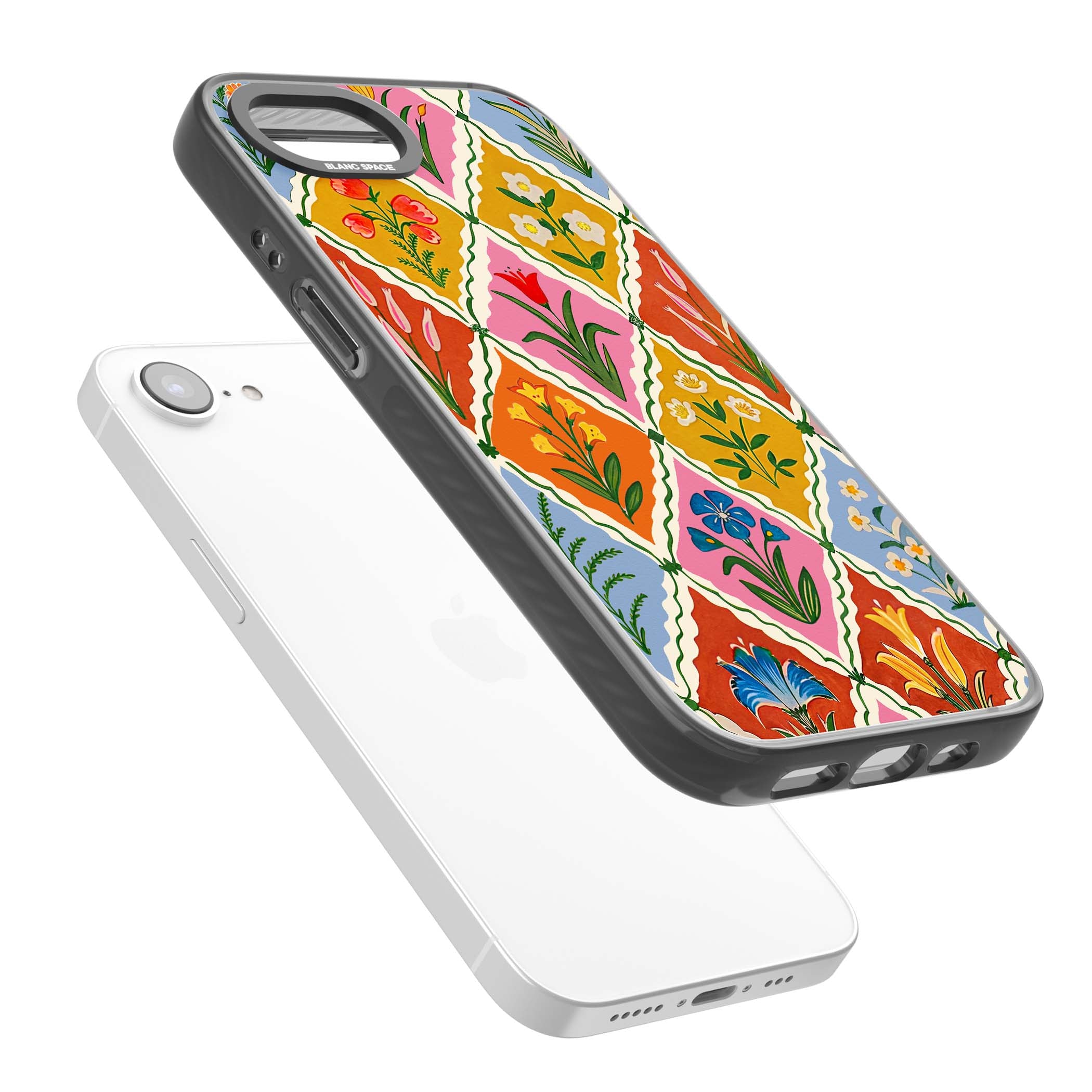 Floral Quilt boho floral iPhone case featuring diamond lattice pattern, hand-painted tulips and folk art wildflowers | Black Impact case for iPhone 16e, iPhone 17e
