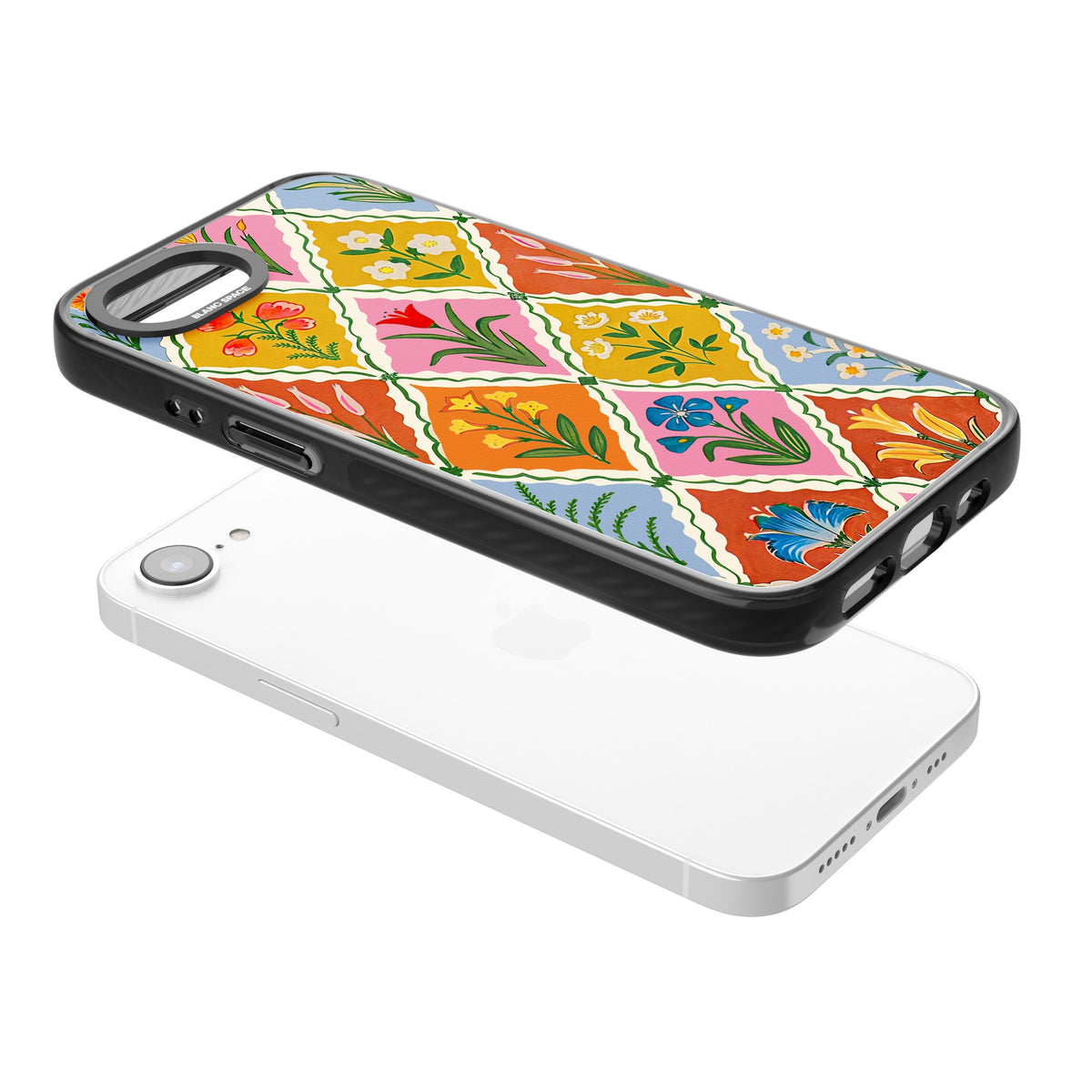Floral Quilt iPhone 16e / iPhone 17e Impact Black Phone Case angled
