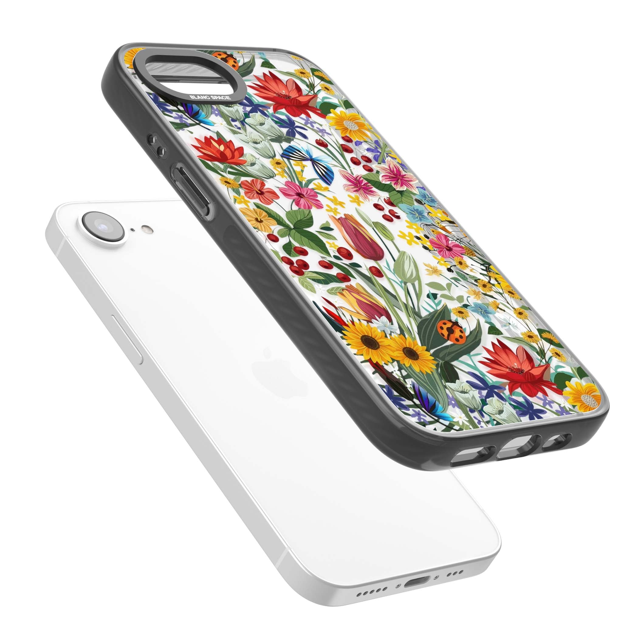 Botanical Bloom cottagecore iPhone case featuring colorful wildflowers, sunflowers, and ladybugs on clear background | Black Impact case for iPhone 16e, iPhone 17e