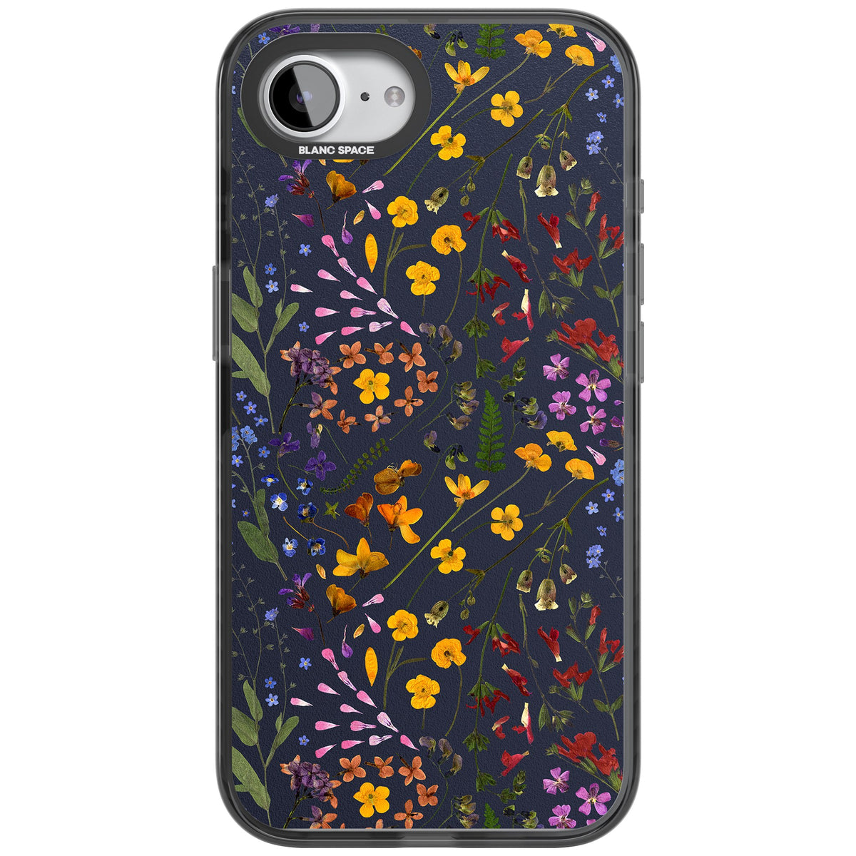 Wildflowers & Leaves In Navy iPhone 16e / iPhone 17e Impact Black Phone Case front