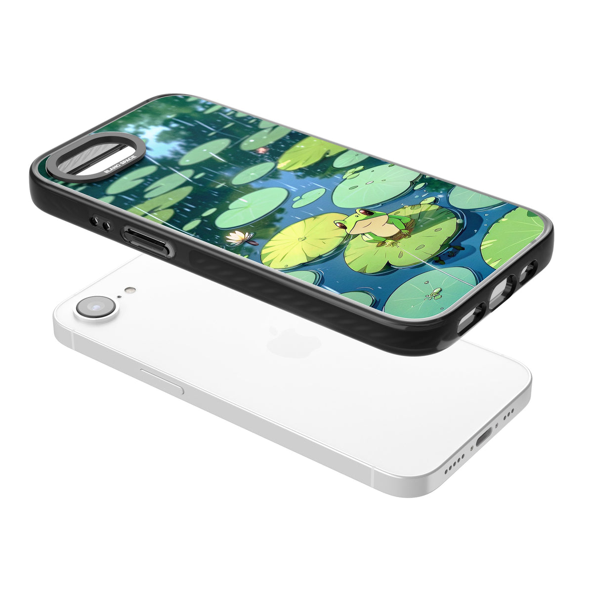 Frog In Lily Pond iPhone 16e / iPhone 17e Impact Black Phone Case angled