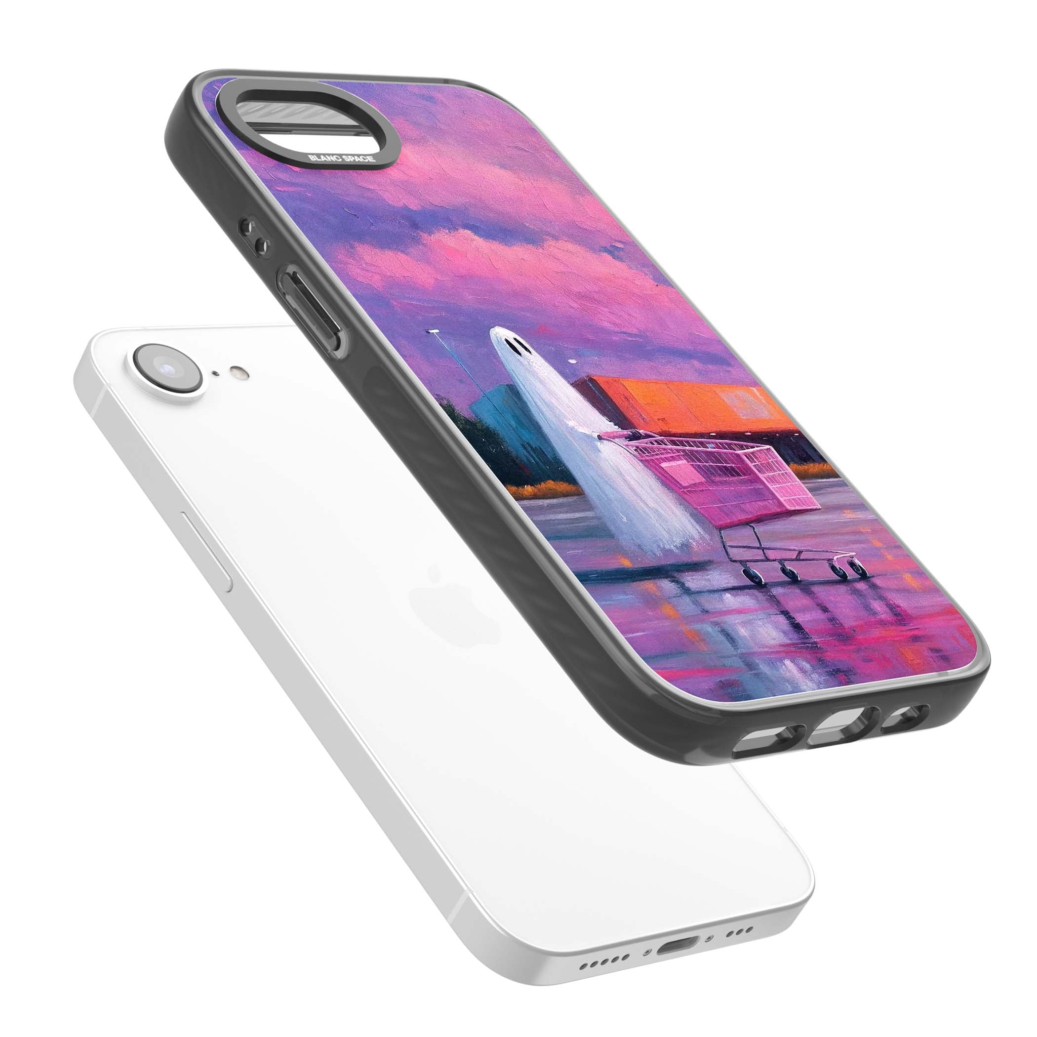 A Ghost's Errand ghost halloween iPhone case featuring a painted ghost, pink shopping trolley and purple sunset sky | Black Impact case for iPhone 16e, iPhone 17e