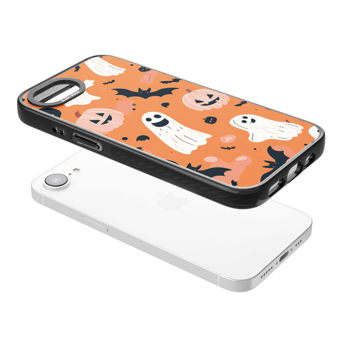 Orange Halloween Pattern iPhone 16e / iPhone 17e Impact Black Phone Case angled