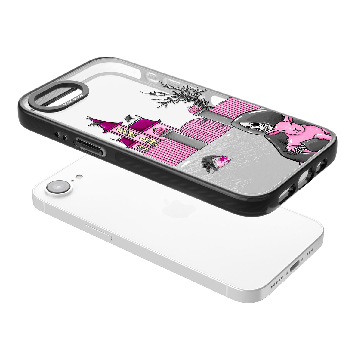 Pink Requiem iPhone 16e / iPhone 17e Impact Black Phone Case angled