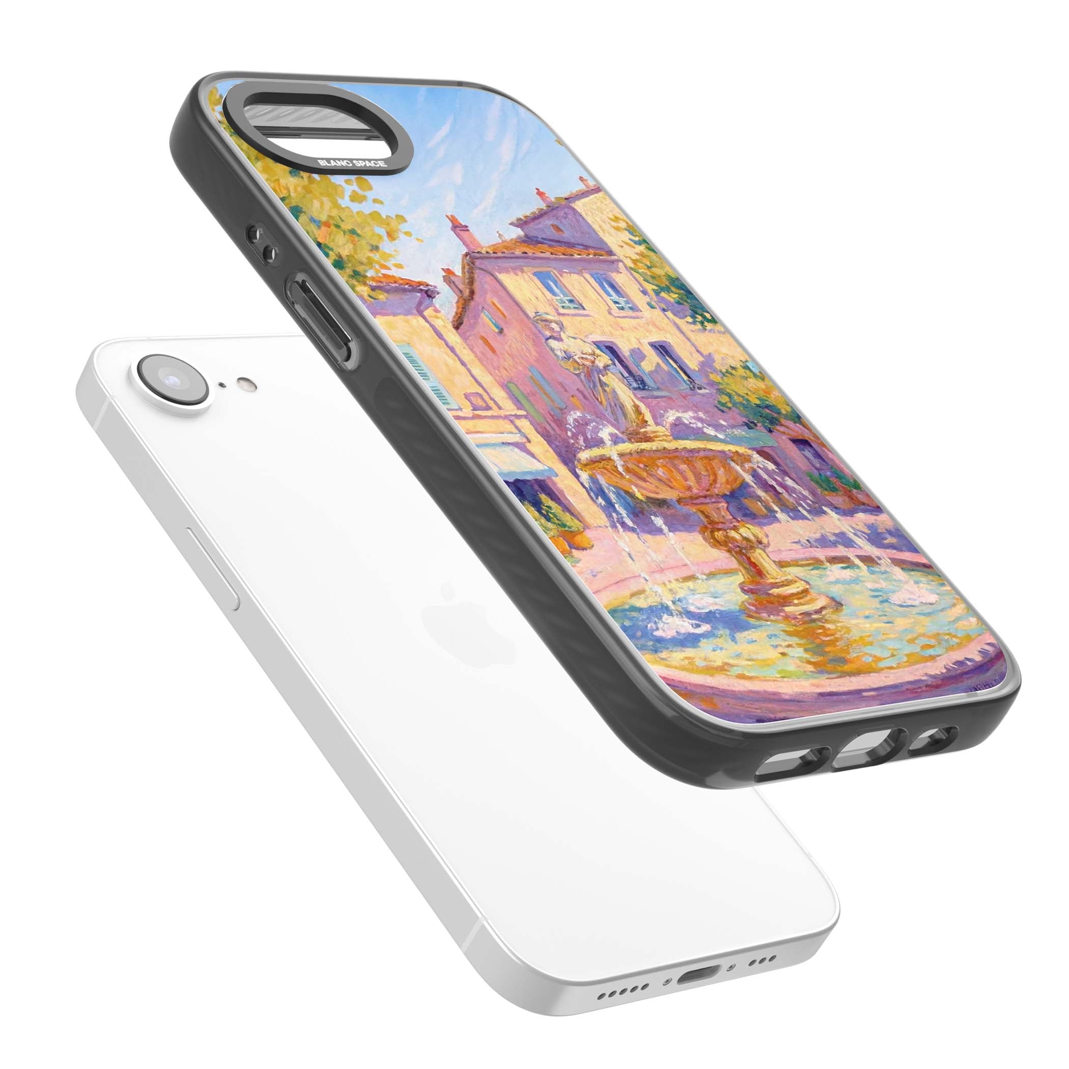 Fountain Square fine art iPhone case featuring an impressionist Provençal fountain, pastel village buildings and summe | Black Impact case for iPhone 16e, iPhone 17e