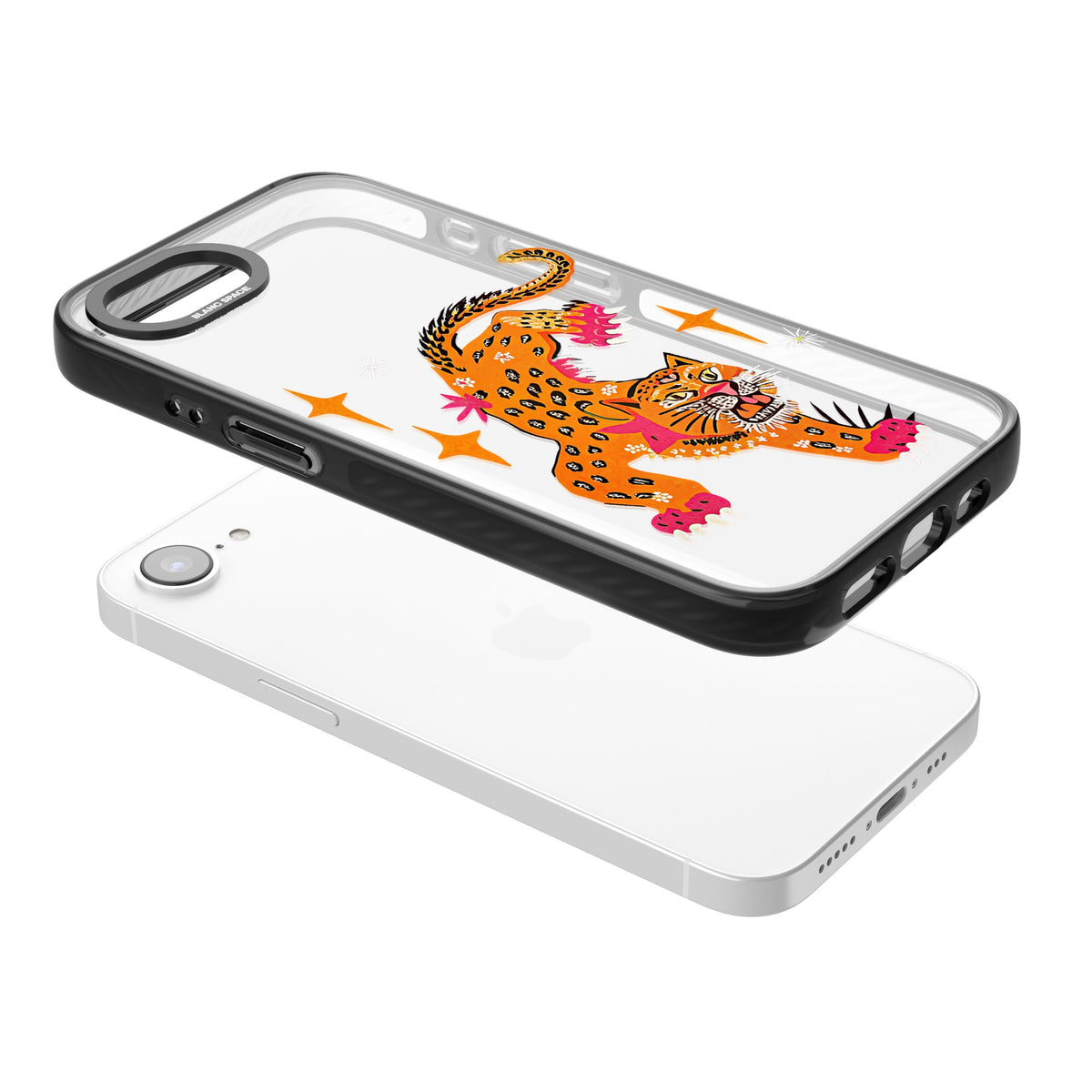 Fierce Jaguar Clear iPhone 16e / iPhone 17e Impact Black Phone Case angled
