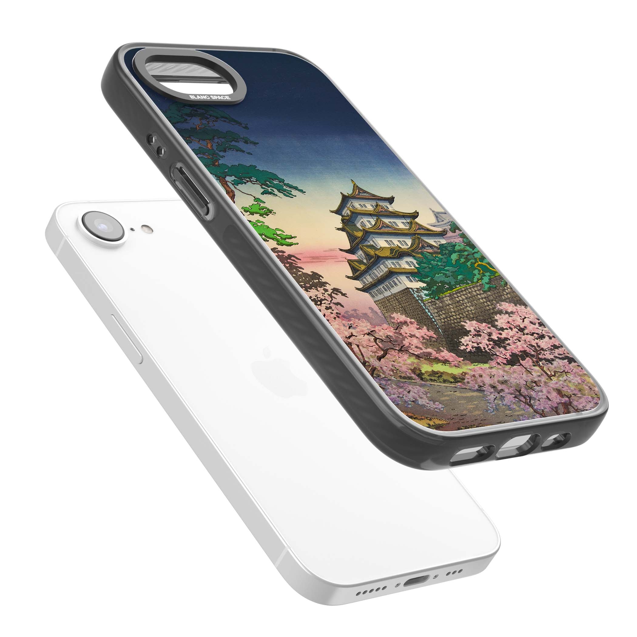 Nagoya Castle Japanese iPhone case featuring a vintage pagoda, twilight sky and cherry blossom trees | Black Impact case for iPhone 16e, iPhone 17e