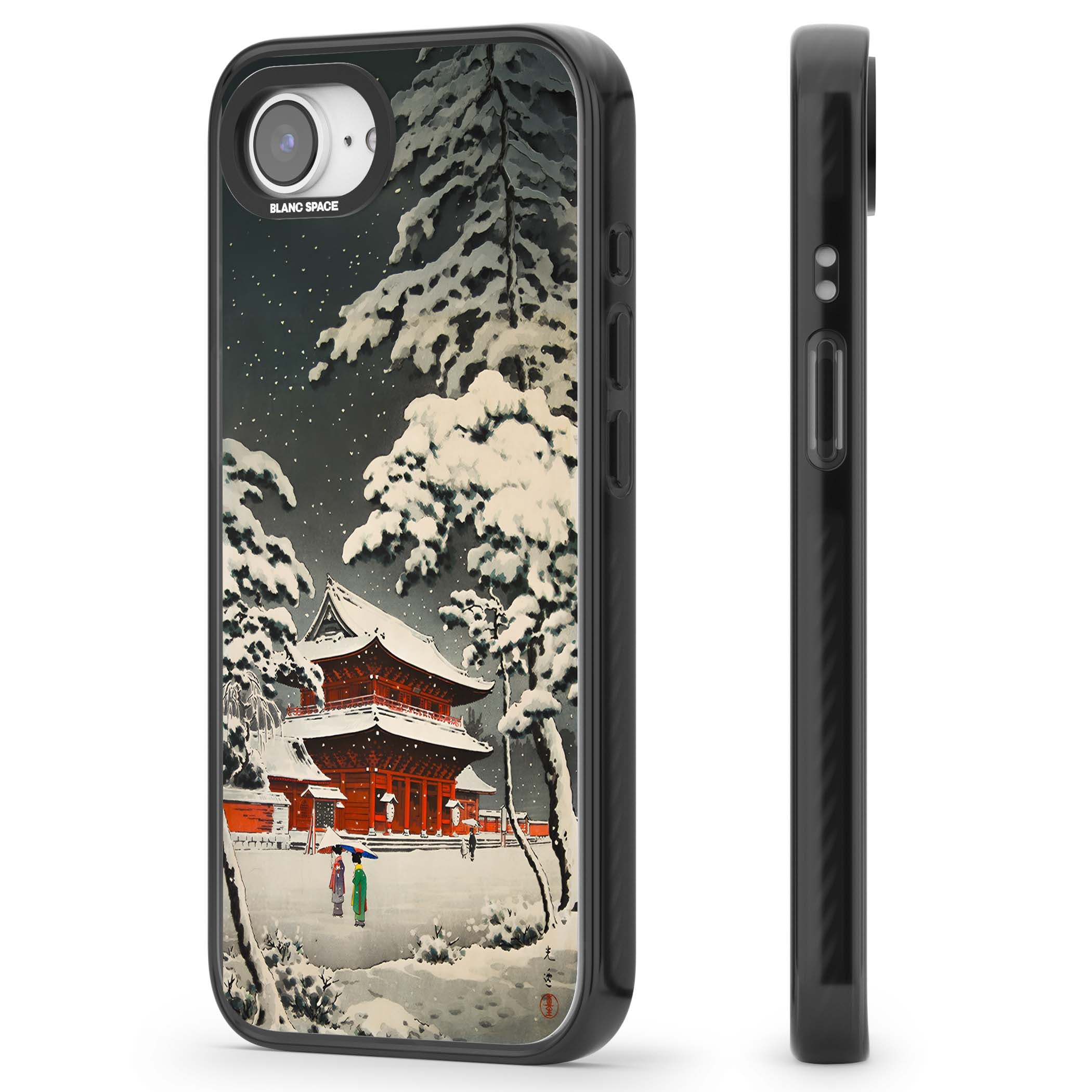 Snow at Shiha Park, Tokyo Japanese art iPhone case featuring a vintage ukiyo-e snowy temple, red pagoda, and snow-covered pin | Black Impact case for iPhone 16e, iPhone 17e