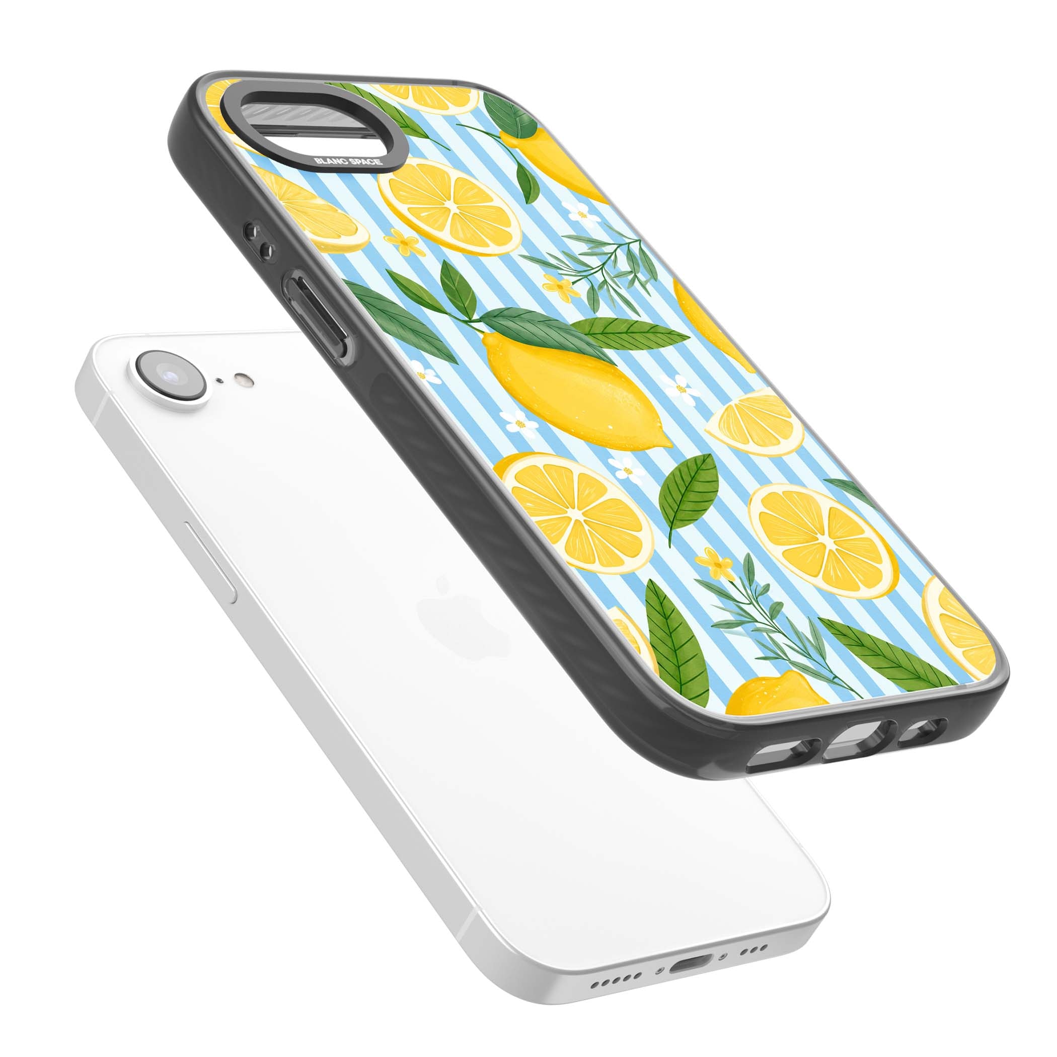 Capri Citrus Stripe coastal iPhone case featuring yellow lemons, blue stripes, and white daisy blossoms | Black Impact case for iPhone 16e, iPhone 17e