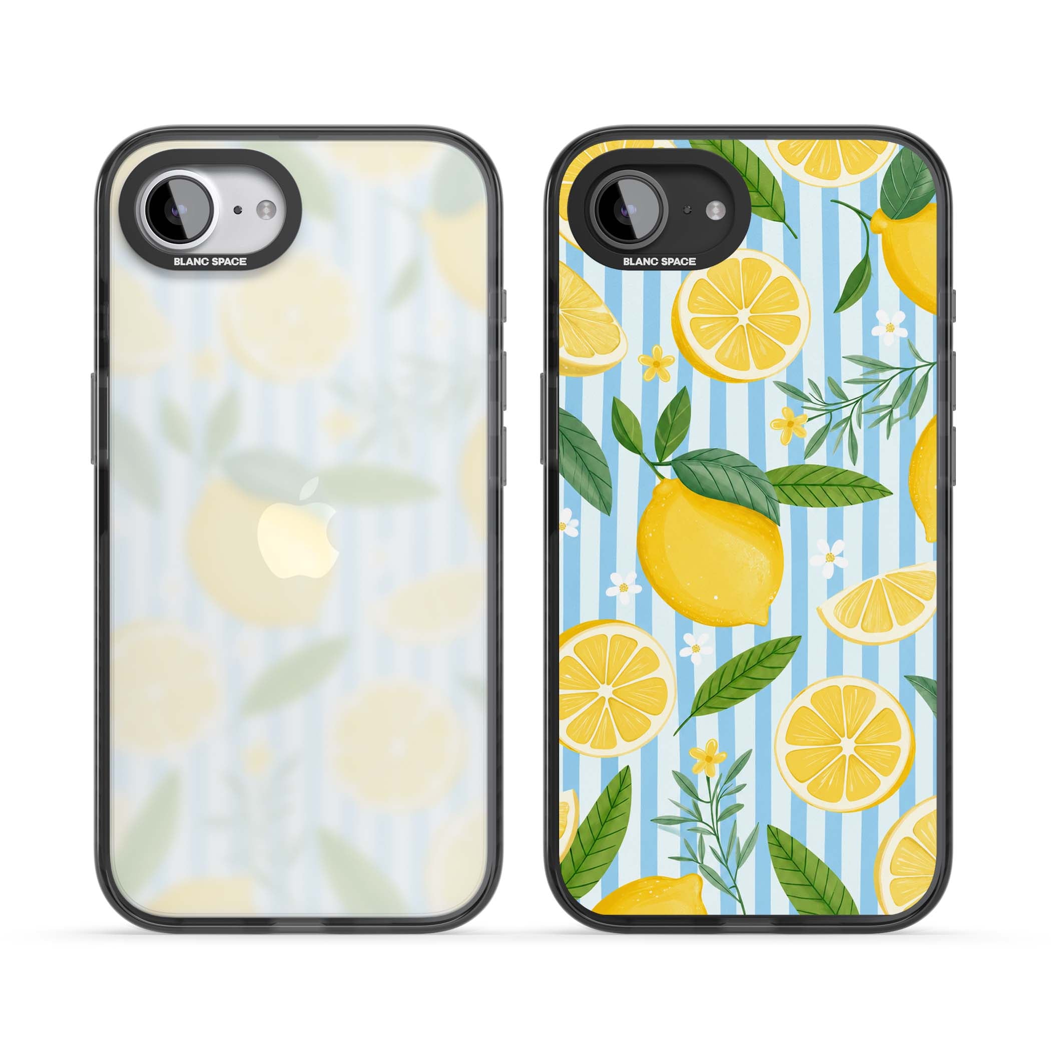 Capri Citrus Stripe coastal iPhone case featuring yellow lemons, blue stripes, and white daisy blossoms | Black Impact case for iPhone 16e, iPhone 17e
