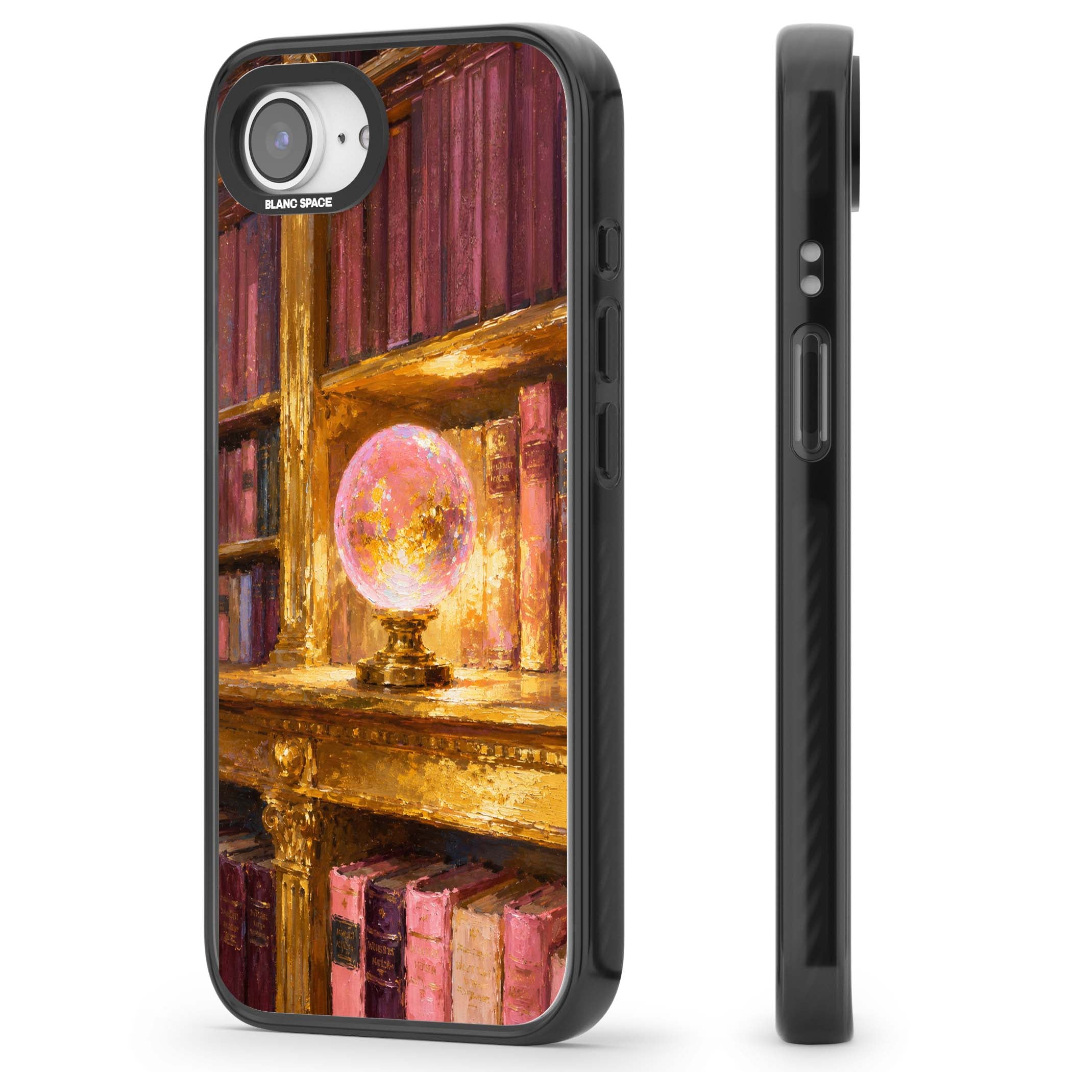 Gilded Library dark academia iPhone case featuring an oil painted crystal ball on a gilded library shelf with vintage | Black Impact case for iPhone 16e, iPhone 17e
