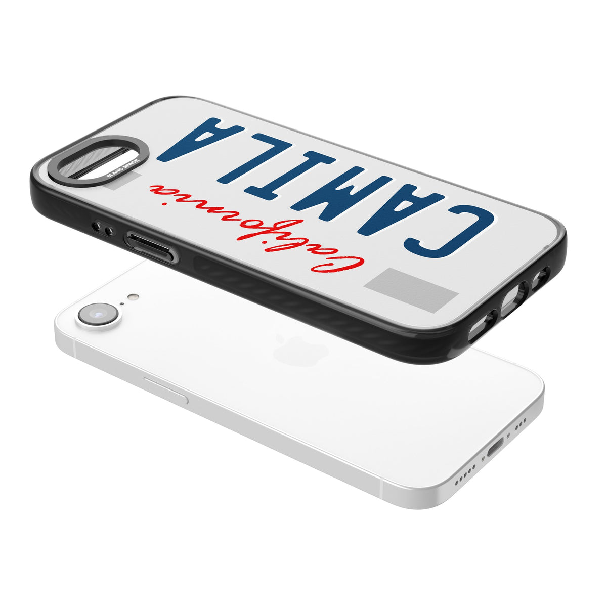 Personalised California License Plate iPhone 16e / iPhone 17e Impact Black Phone Case angled