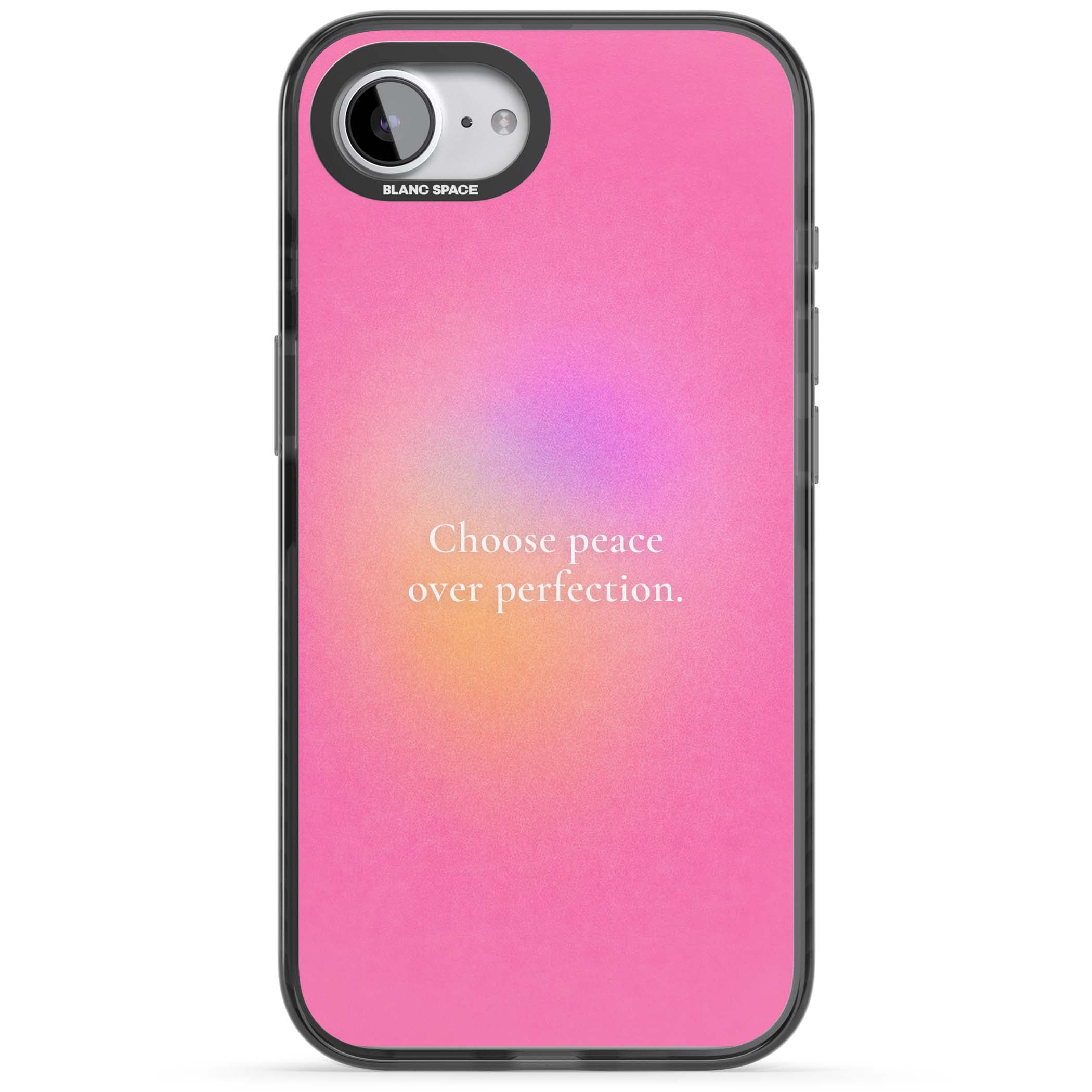 Peace Over Perfection quote iPhone case featuring a dreamy pink aura gradient and delicate white affirmation text | Black Impact Magsafe case for iPhone 16e, iPhone 17e