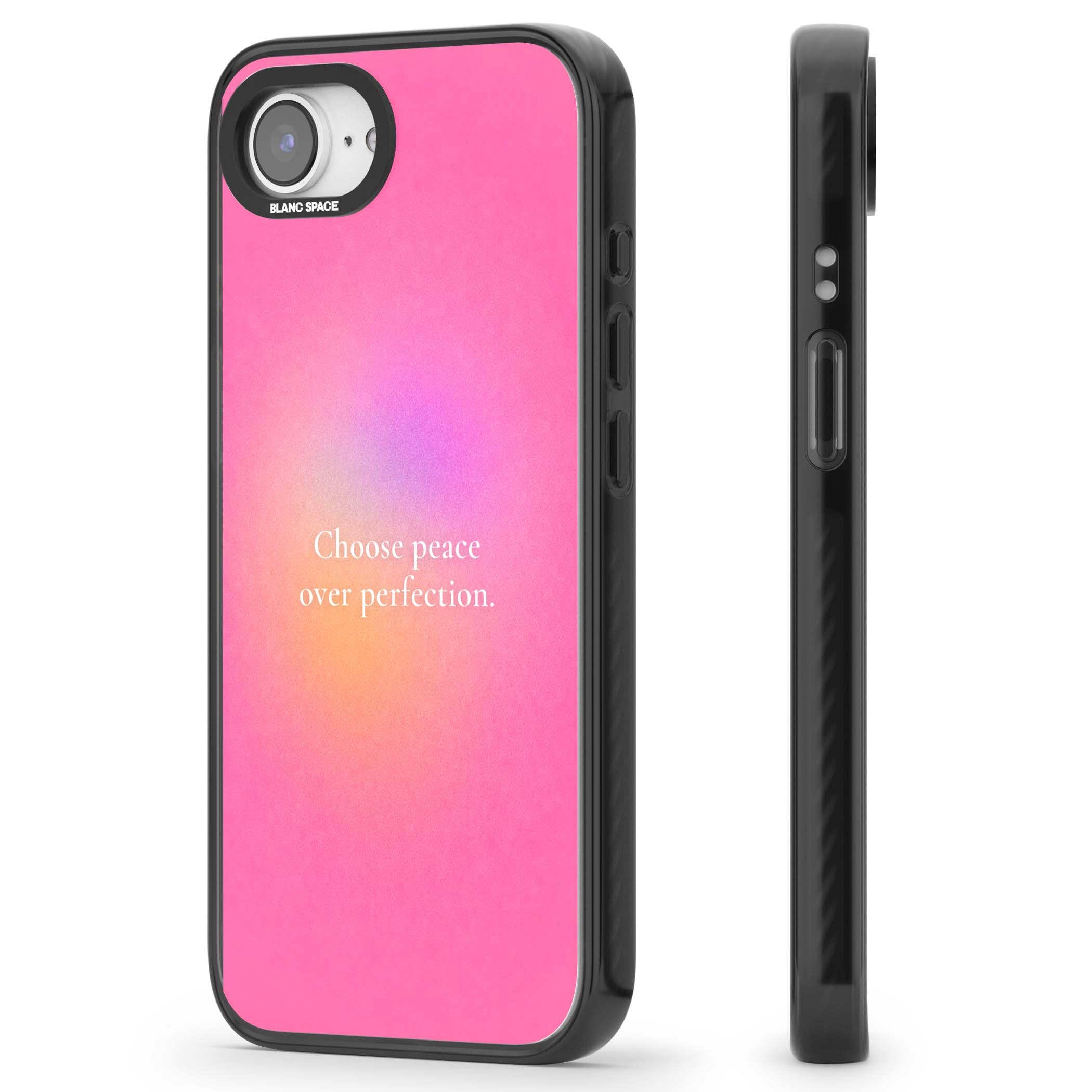 Peace Over Perfection quote iPhone case featuring a dreamy pink aura gradient and delicate white affirmation text | Black Impact Magsafe case for iPhone 16e, iPhone 17e