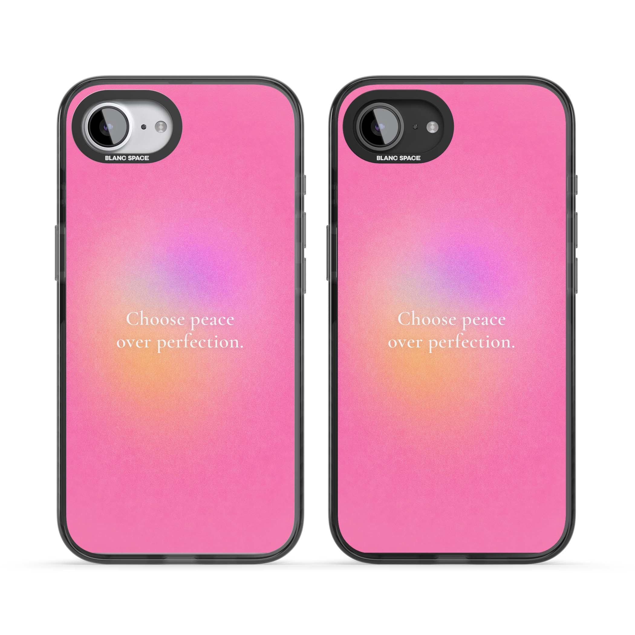 Peace Over Perfection quote iPhone case featuring a dreamy pink aura gradient and delicate white affirmation text | Black Impact Magsafe case for iPhone 16e, iPhone 17e
