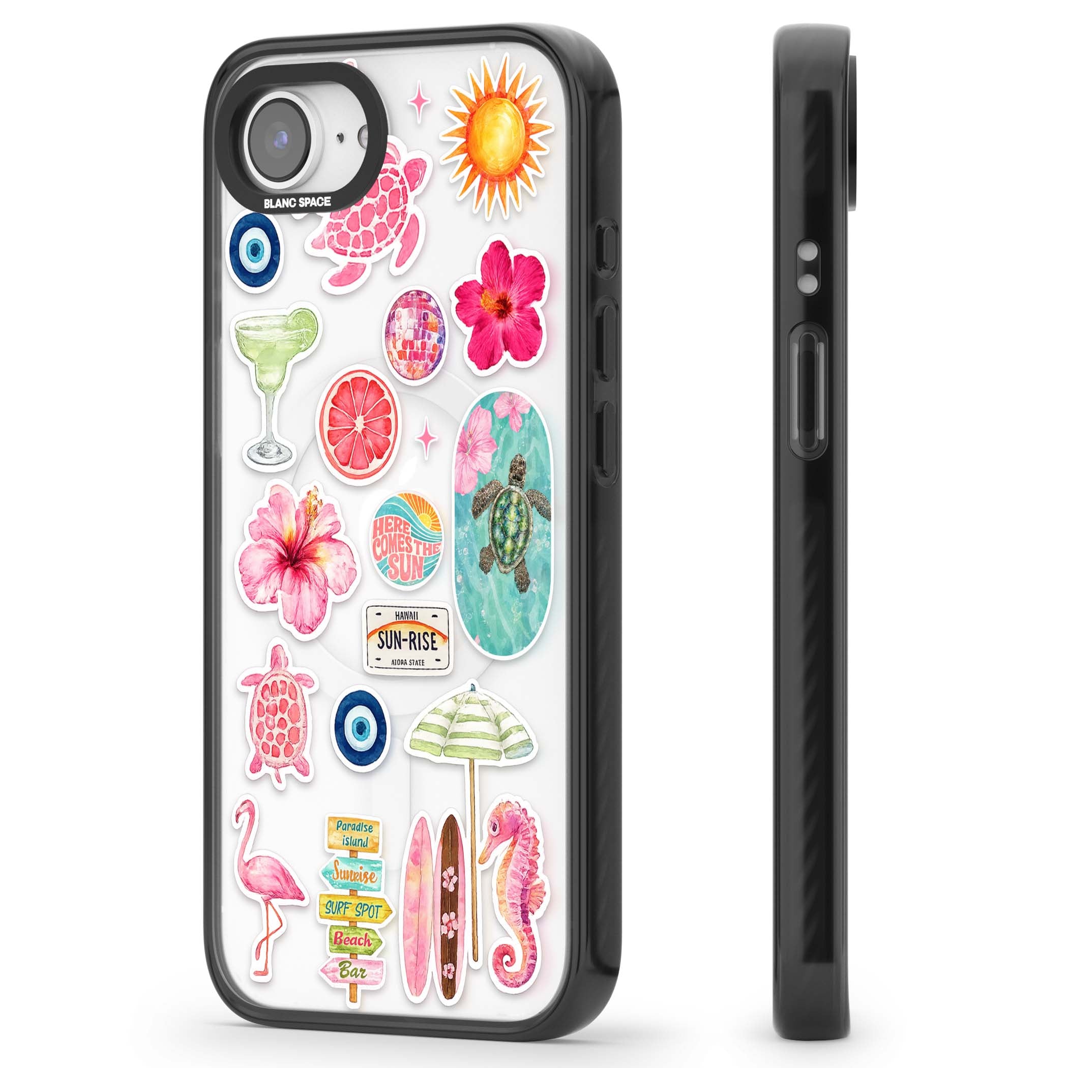 Aloha Sticker Mix tropical summer iPhone case featuring pink hibiscus, sea turtles, flamingo and beach umbrella stickers | Black Impact Magsafe case for iPhone 16e, iPhone 17e