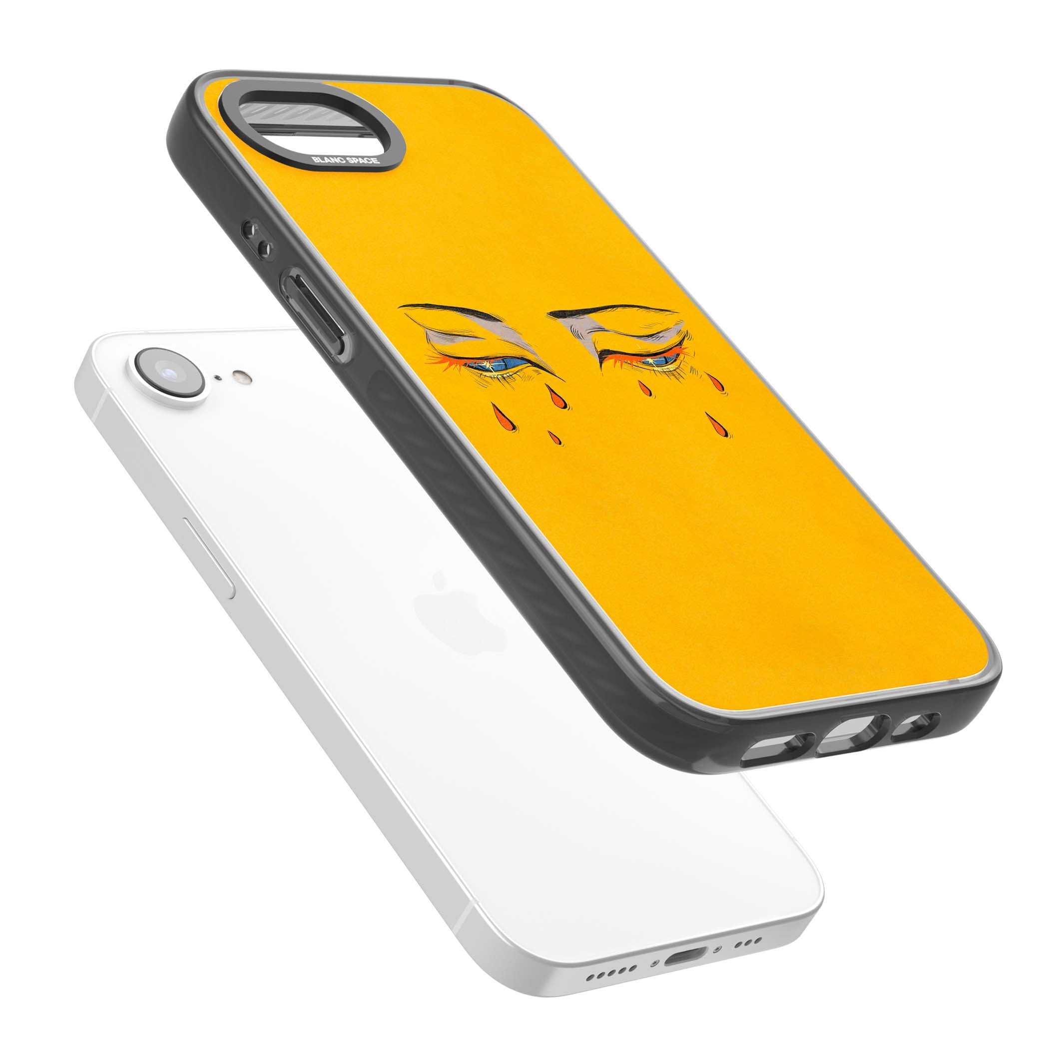Yellow Tearful Eyes indie iPhone case featuring hand-drawn crying eyes with orange tears on a yellow background | Black Impact Magsafe case for iPhone 16e, iPhone 17e