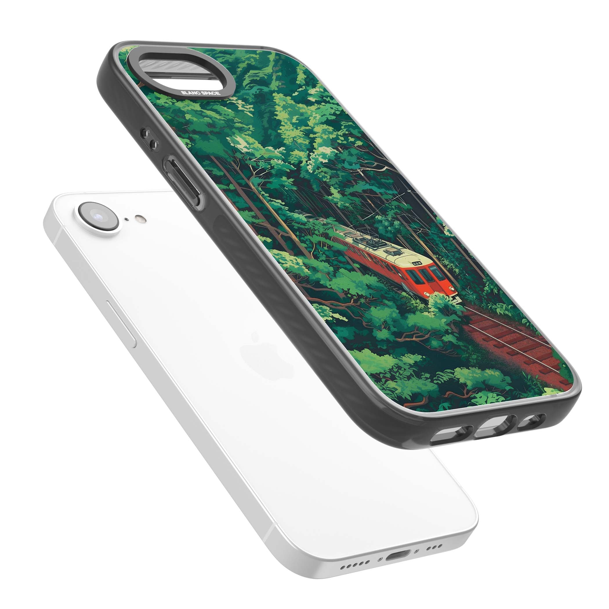 Railway In Toyama Japanese iPhone case featuring a red train, cedar forest and winding mountain railway tracks | Black Impact Magsafe case for iPhone 16e, iPhone 17e