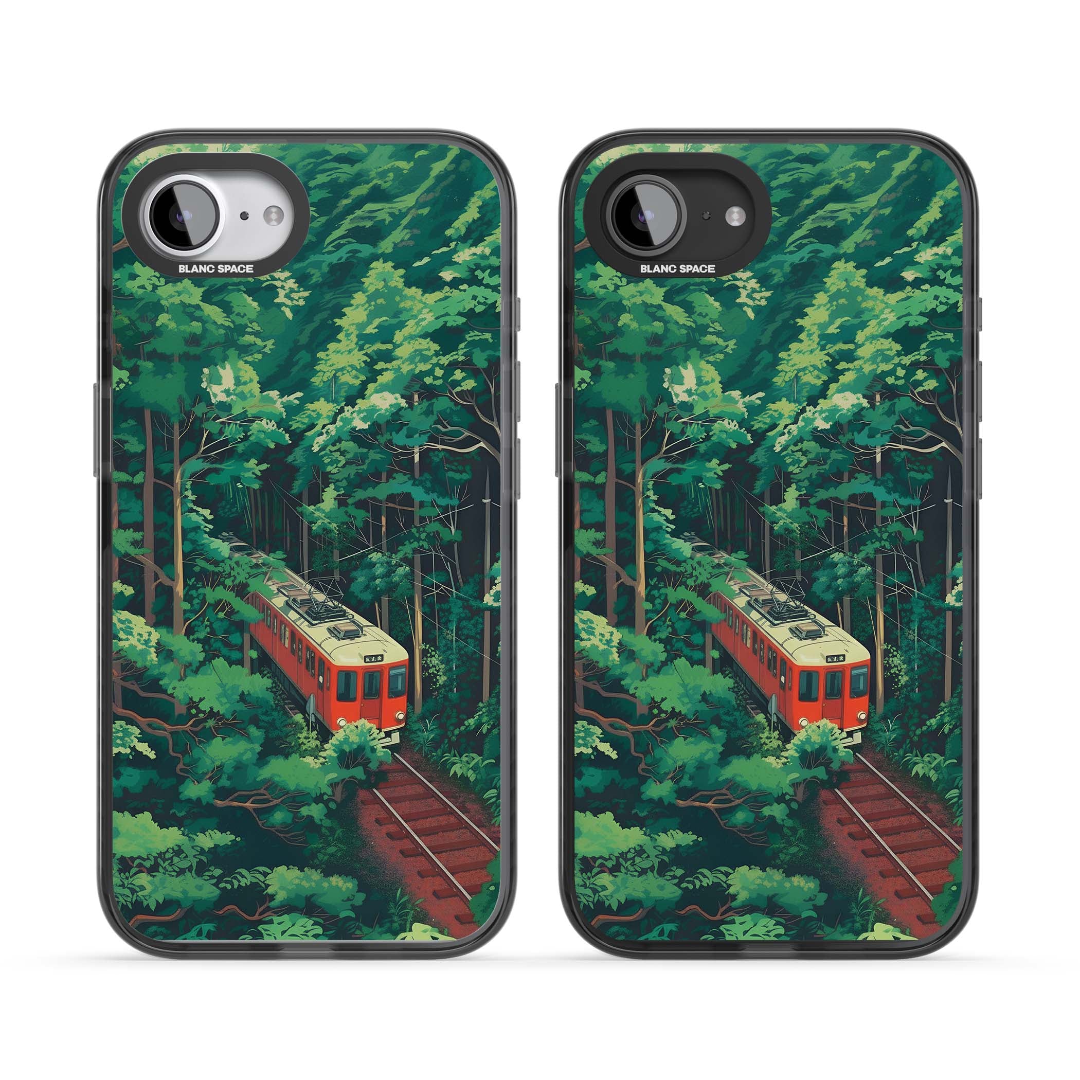 Railway In Toyama Japanese iPhone case featuring a red train, cedar forest and winding mountain railway tracks | Black Impact Magsafe case for iPhone 16e, iPhone 17e